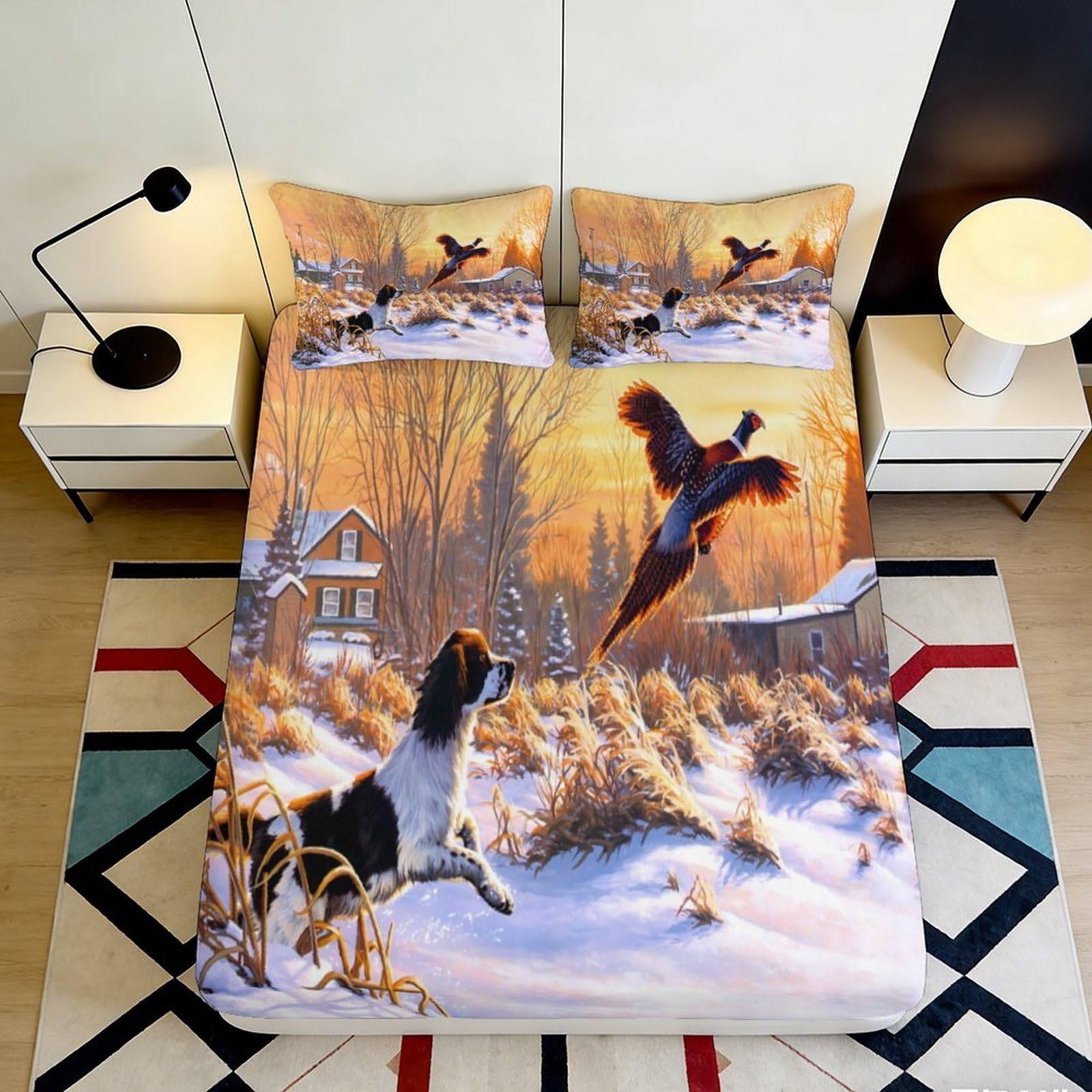 Pnayamiorkfel Style-6 3D Printed Winter Countryside Fitted Sheet Microfiber Soft Dog Bird Mattress Cover For Bedroom Guest Room Decor 90X200x25cm