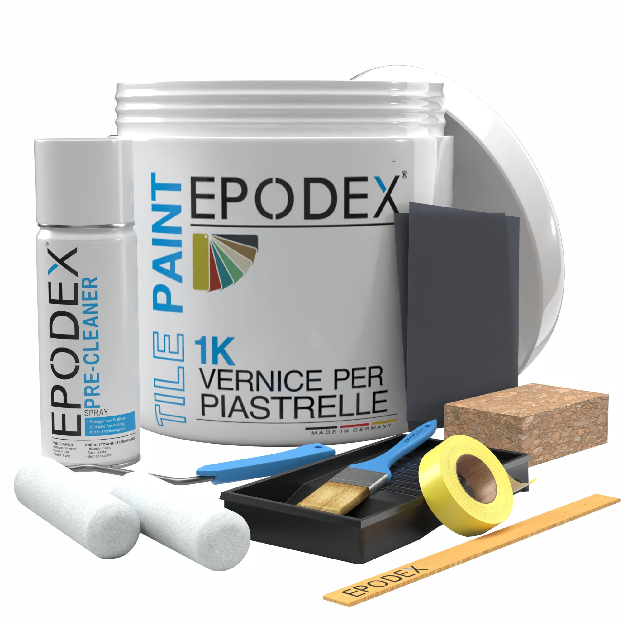 EPODEX 1K Vernice per piastrelle con accessori per cucina, bagno e altro, smalto satinato per piastrelle da pareti interne, 1kg (8m² per mano) - Grigio argento