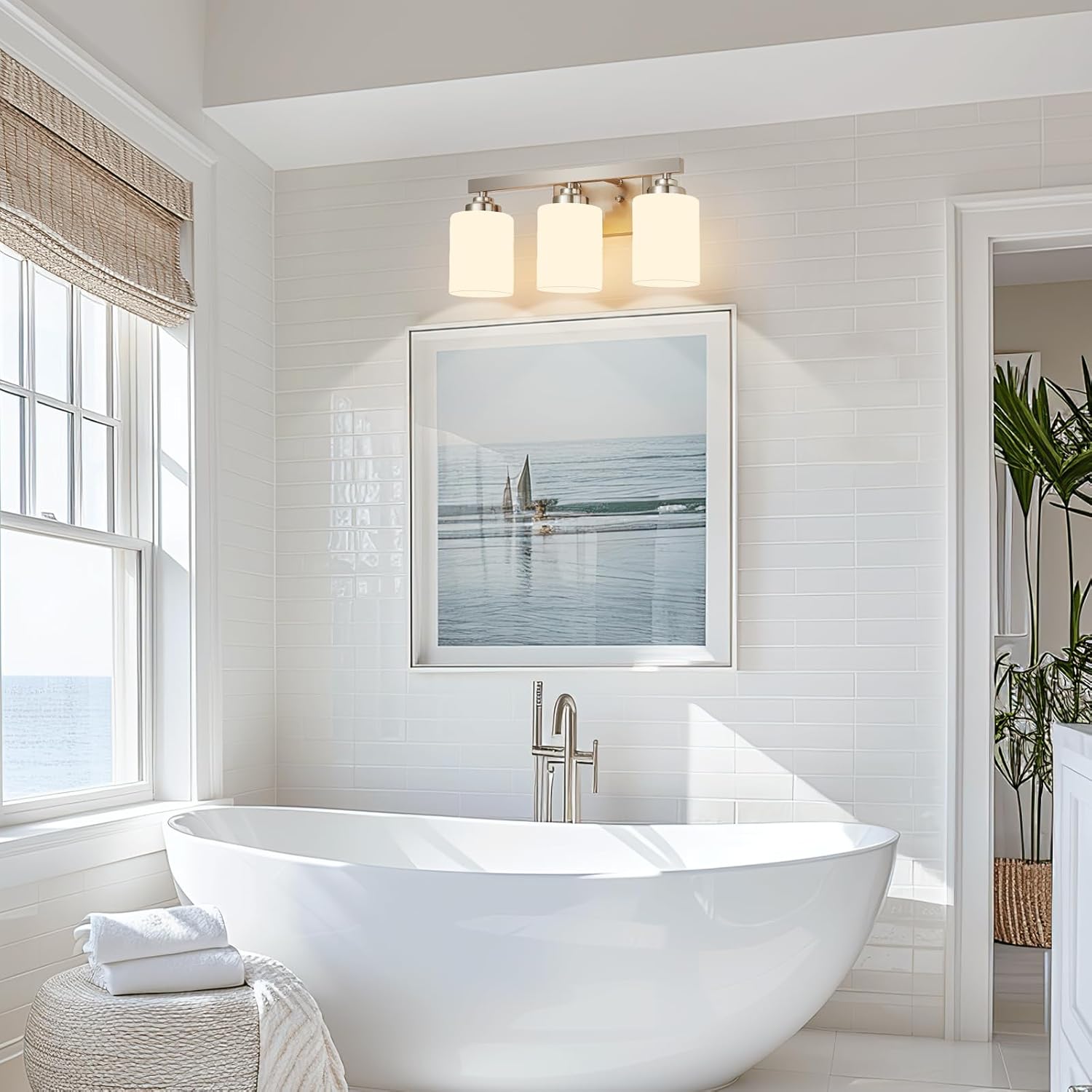 Bathroom Light Fixtures Over Mirror,3-Light Brushed Nickel Wall Sconce Vanity Lights with Milk White Frosted Glass Shades for Bathroom,Vanity Lighting Fixtures for Bath