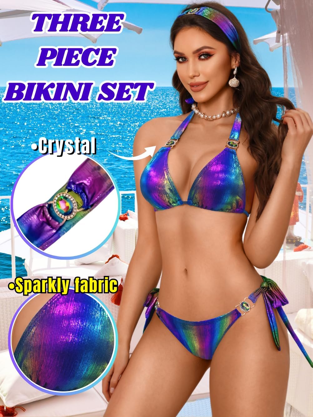 Womens Sexy Triangle Metallic Bikini Set, Crystal Rhinestone Headband Halter Swimsuit, Cheeky Tie Ruched Bathing Suit - Image 2