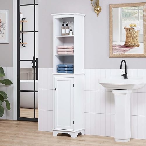 Spirich Tall Slim Bathroom Storage Cabinet, Floor Freestanding Narrow Tall Cabinet with Adjustable Shelves for Bathroom, Living Room, Bedroom, White