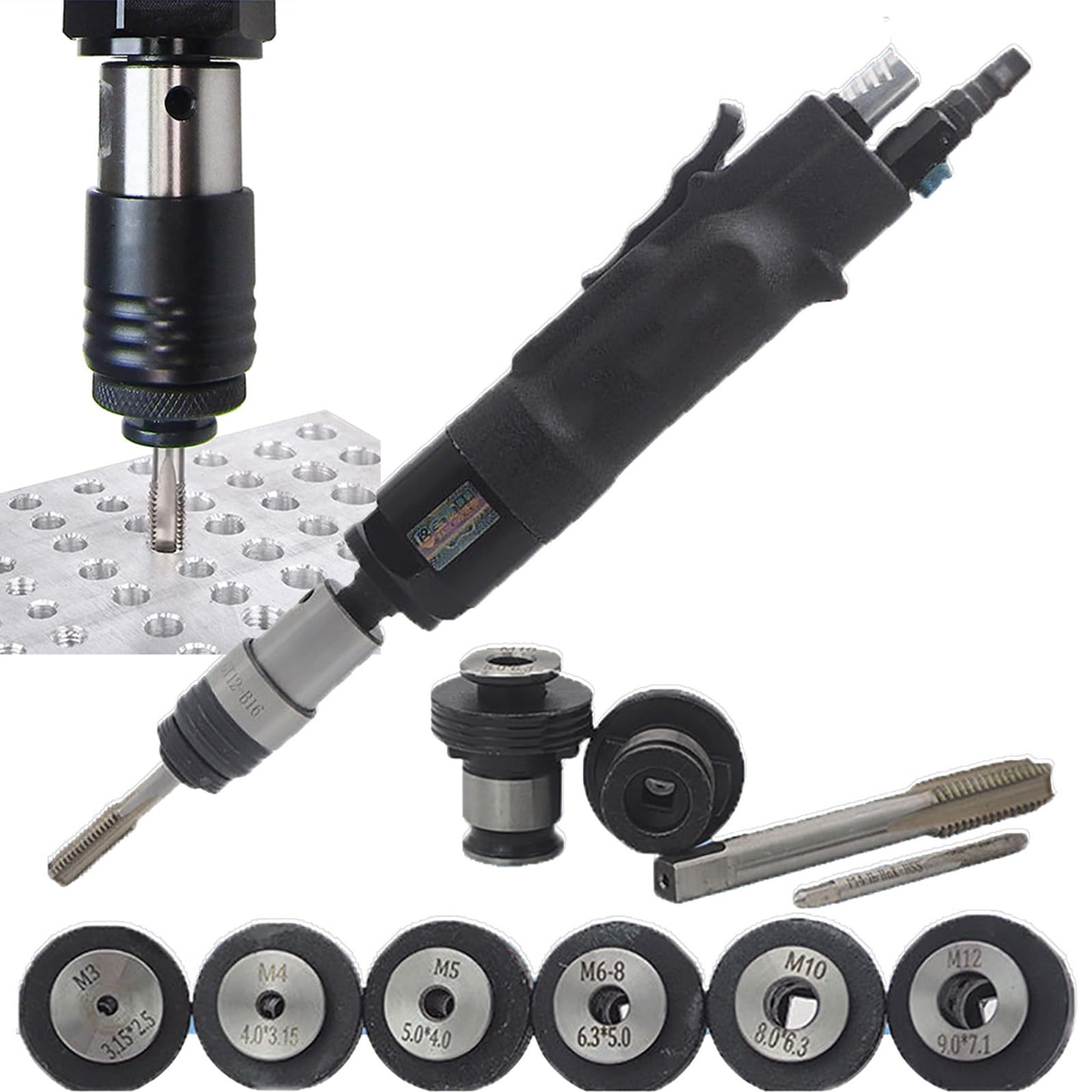 Maschiatrice Pneumatica M3-M12, Maschiatrice per Trapano Pneumatico con 6 Mandrini, 700-2000 Giri/Min, Maschiatrice Veloce E Precisa in Acciaio, Ferro, Rame, Alluminio, Plastica