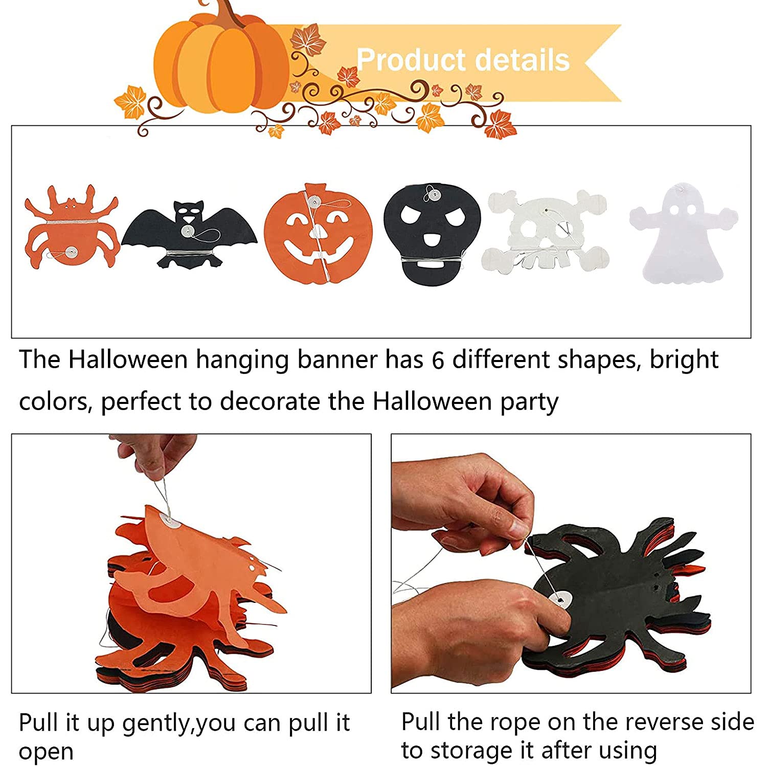 6-piece Halloween decorative banner, Halloween wreath, pumpkin, ghost, bat, spider and skeleton banner, Halloween party garden - Image 3