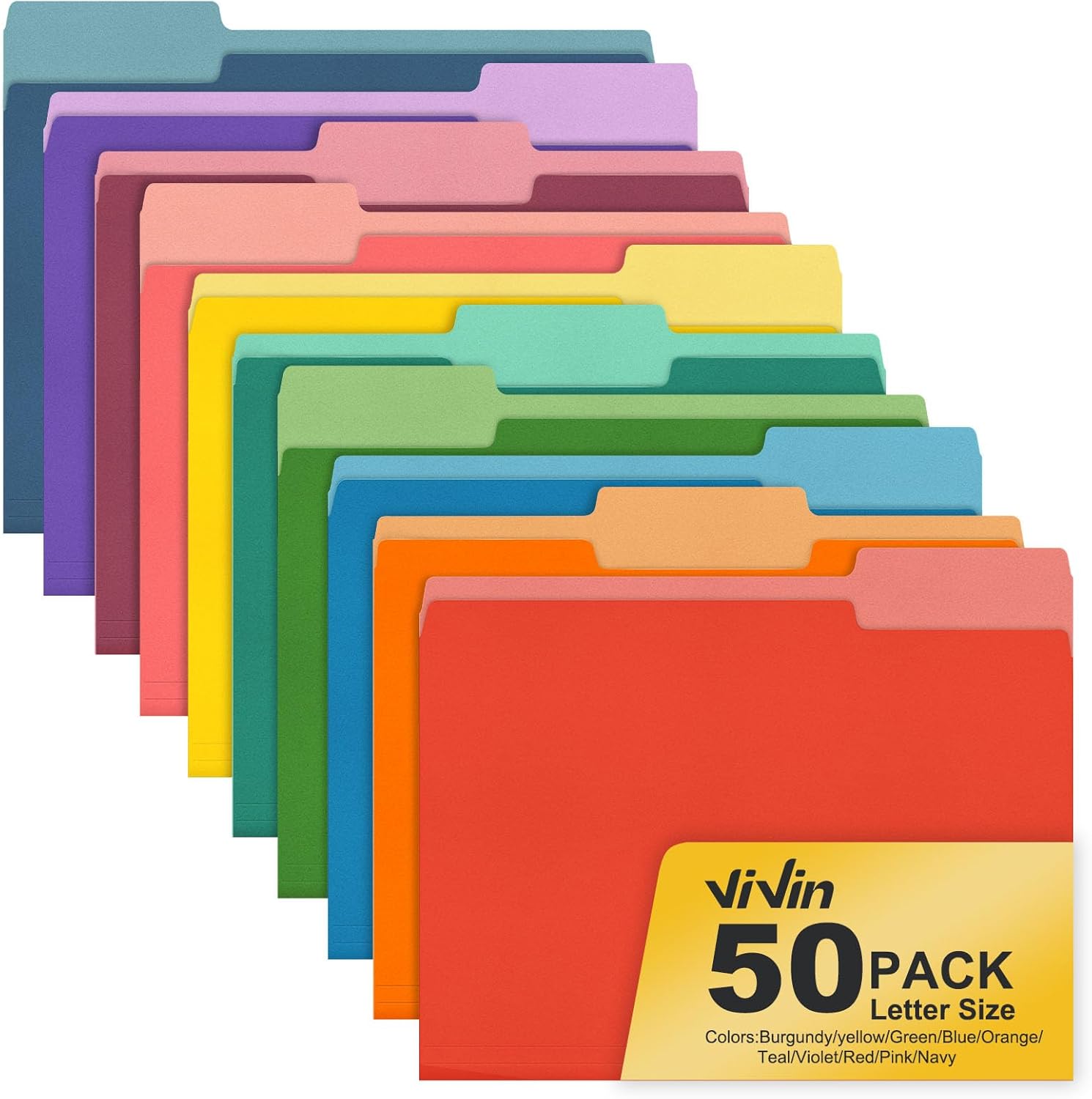 ViVin File Folder, 100 Pack Colored File Folders with 1/3-Cut Tabs, Fits 8.5 * 11 Letter Size Paper, Manilla Folders for Home Office School Documents(Assorted)