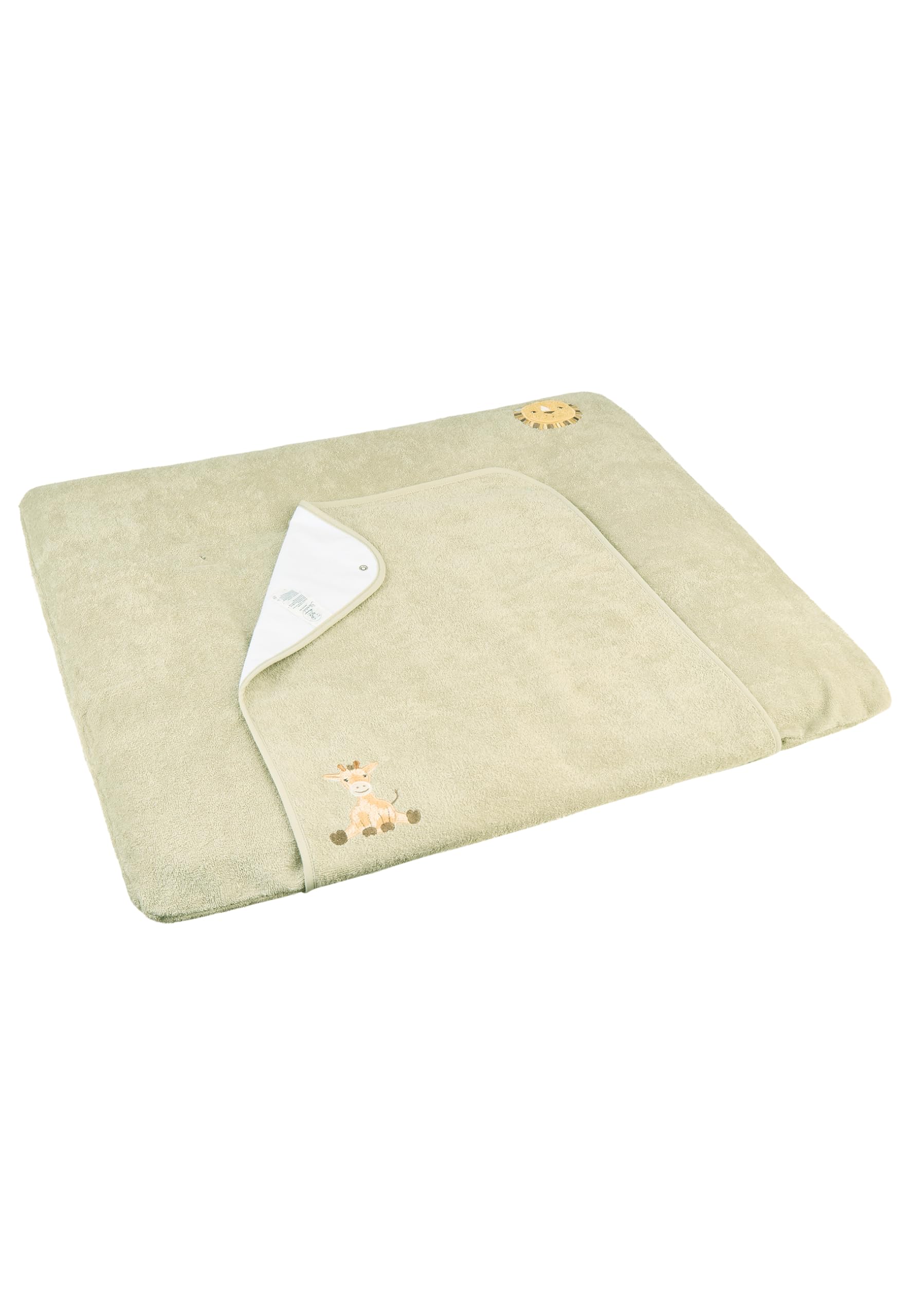 Sterntaler Wickelauflagenbezug Giraffe & Löwe 80x90cm – Saugfähige Baumwolle mit abtrennbarem, wasserundurchlässigem Frottee-Teil – süße Stickereien – Wickelunterlage für Unterwegs, steingrau