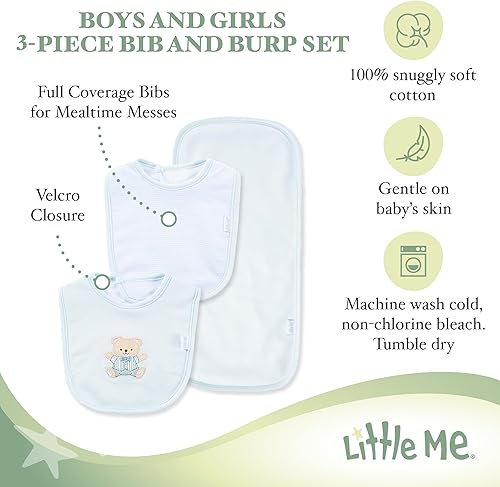Miniatura 4 de Little Me Clothes for Baby Boys’ and Girls’ 2 Bibs and 1 Burp Cloth Set, Soft Cotton Feeding Essentials with Velcro Closures celeste