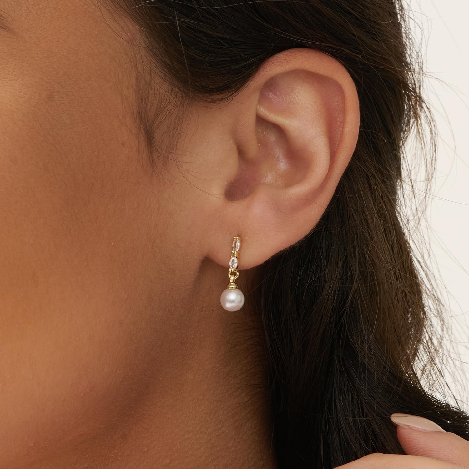 Pearl Earrings: 14k Gold/White Gold/Rose Gold Plated Cubic Zirconia Accented Pearl Drop Dangle Wedding Engagement Earrings For Women Bridal Bridesmaid - Image 2