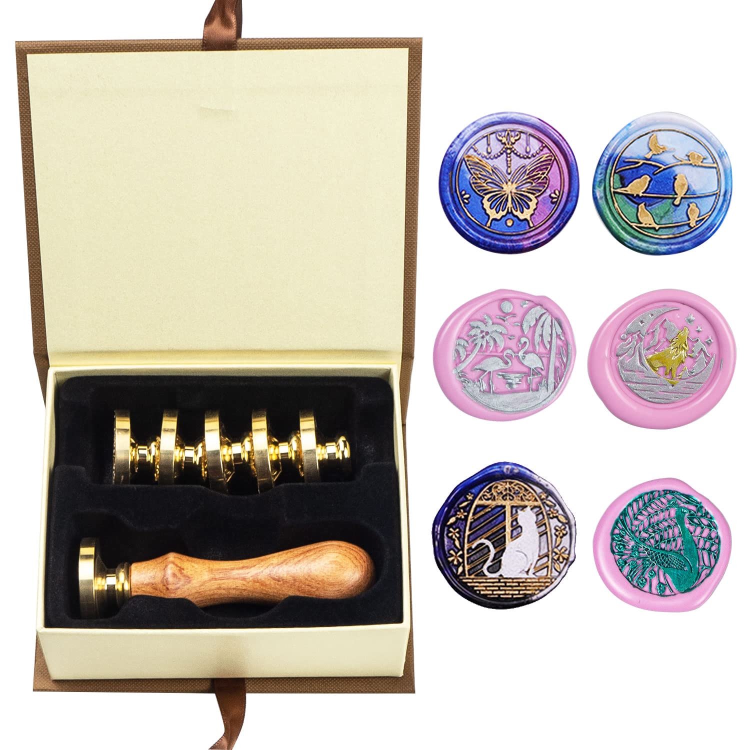 Wax Seal Stamp kit, ANBOSE Animal Wax Seal Stamp Set with 6 PCS Removable Brass Heads and 1 Wooden Handle, Retro Cat Birds Peacock Butterfly Sealing Wax Stamp for Cards Invitations — image 1