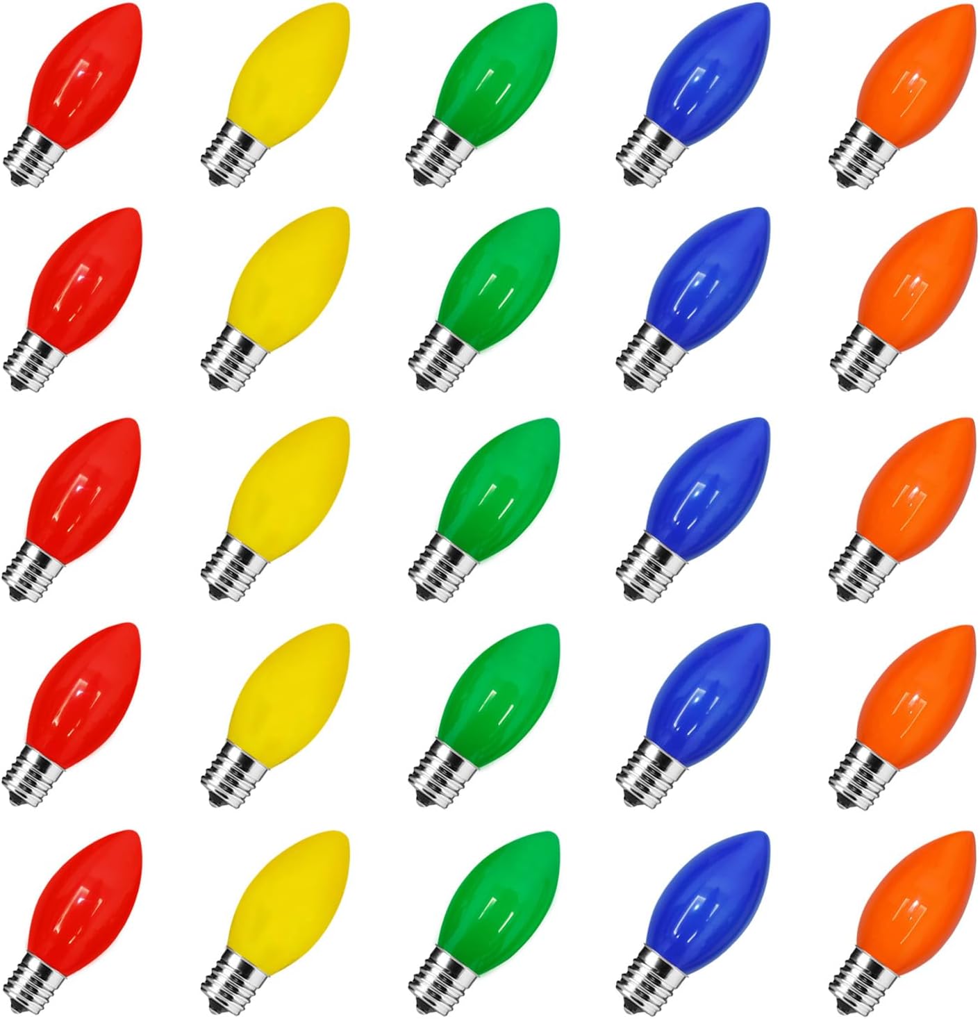 25 Pack C7 Christmas Lights Replacement Bulbs, Ceramic Multicolor Incandescent Light Bulbs E12 Candelabra Base Bulb for Christmas Outdoor Patio String Lights, Red Yellow Blue Green Orange Bulb- 5 Watt