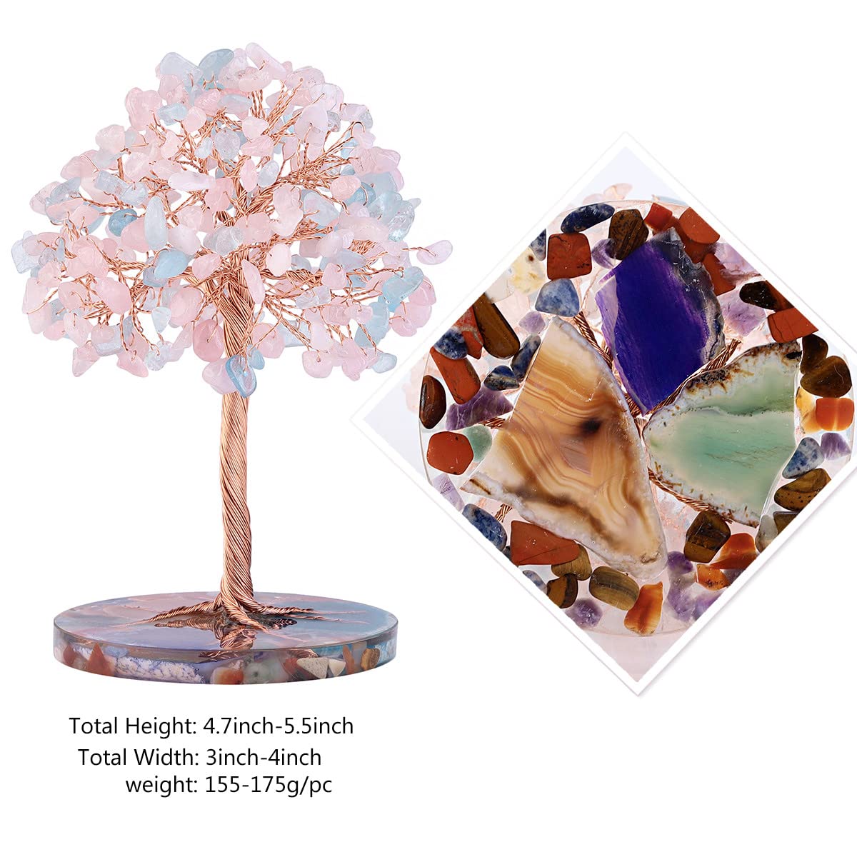 Nupuyai Acquamarina e quarzo rosa cristallo albero dei soldi con fetta di agata base, albero di pietra curativa energetica buona fortuna Fengshui ornamento spirituale decorazione casa ufficio