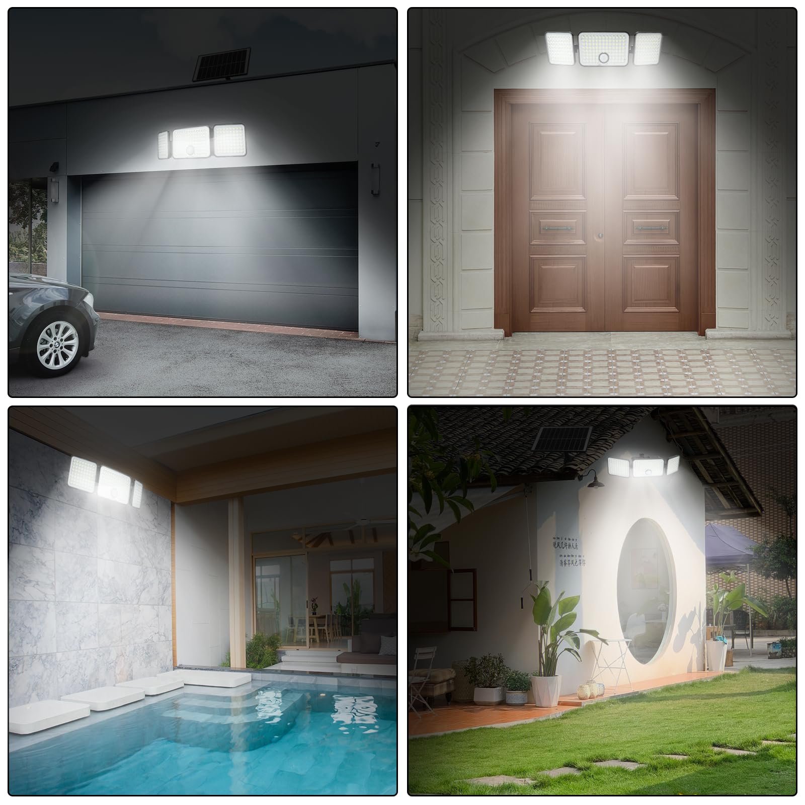 Luci solari da giardino per esterni, confezione da 2, 2000 lm, luce di sicurezza solare con sensore di movimento, impermeabili, grandangolo a 270°, luci da parete con 3 teste, per patio