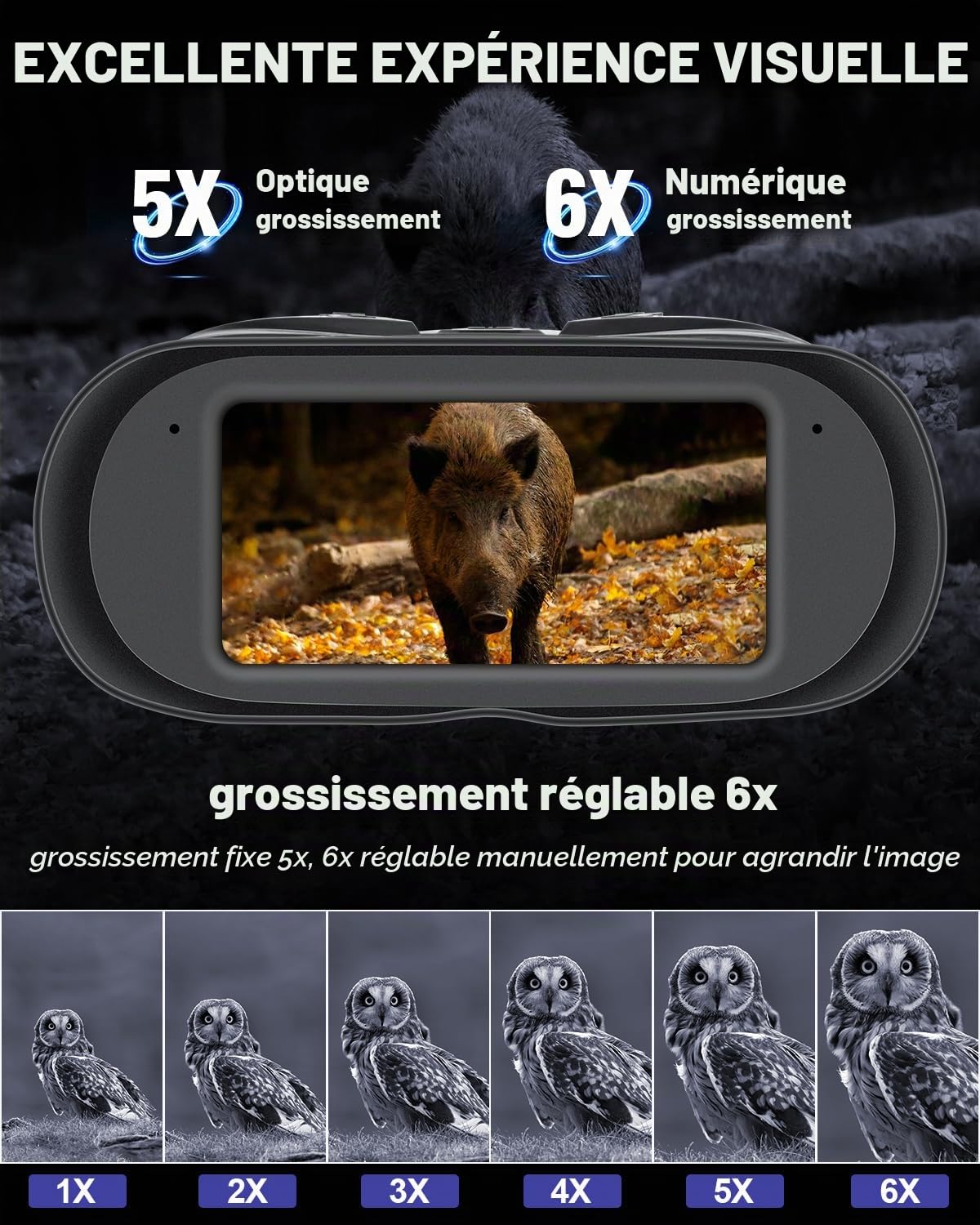 Jumelles Vision Nocturne Numériques 1080P HD - Écran 3" LCD, Zoom 6X, Objectif 42mm | Portée 411m, Carte 32GB – Idéal Camping
