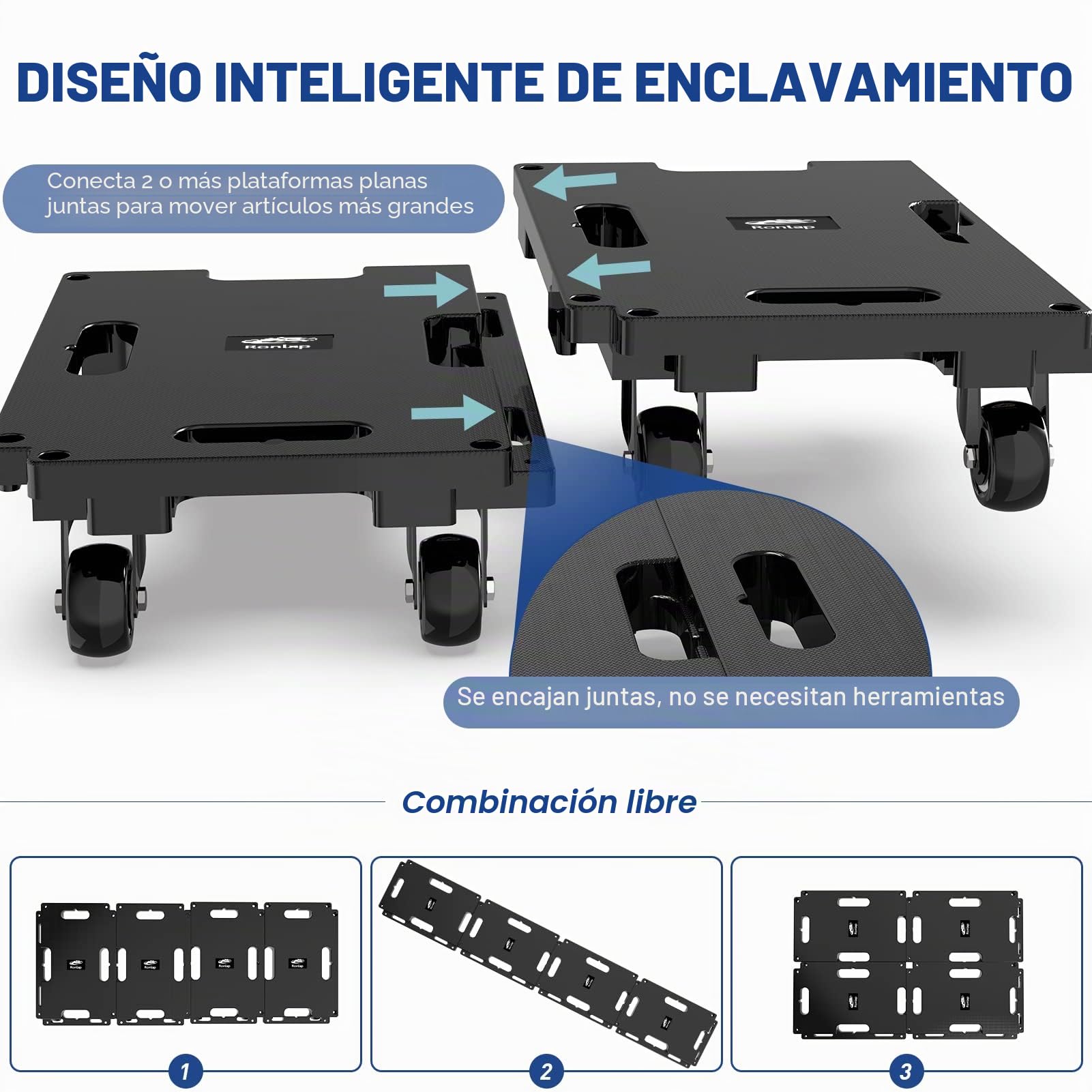 Ronlap Muebles móviles para Muebles, mudanzas de Muebles con Ruedas, Rodillos móviles portátiles para Muebles Pesados, pequeñas y Planas con 8 Cuerdas, Capacidad de 800 KG, Paquete de 4, Negro