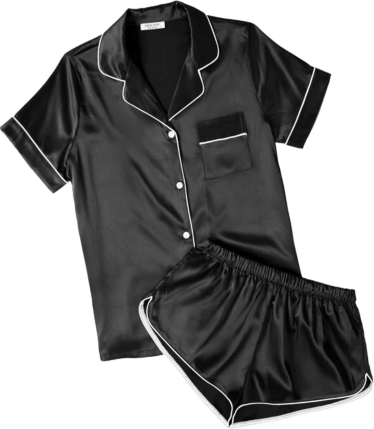 Ekouaer Womens Silk Satin Pajamas Short Sleeve PJS Shorts Set Soft Button Down Sleepwear 2 Piece Loungewear S-5XL