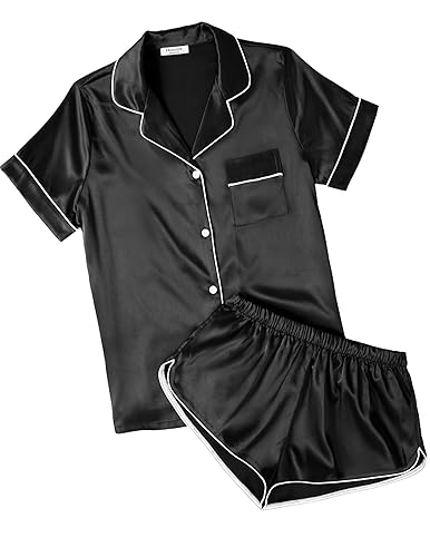 Womens Satin Pajamas Set - Black