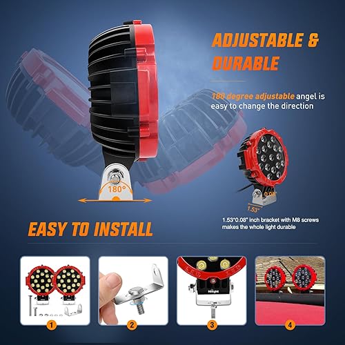 Miniatura 5 de Nilight 2 focos Cree de luces LED todoterreno redondas 185 vatios para trabajar y conducir rojo Rojo