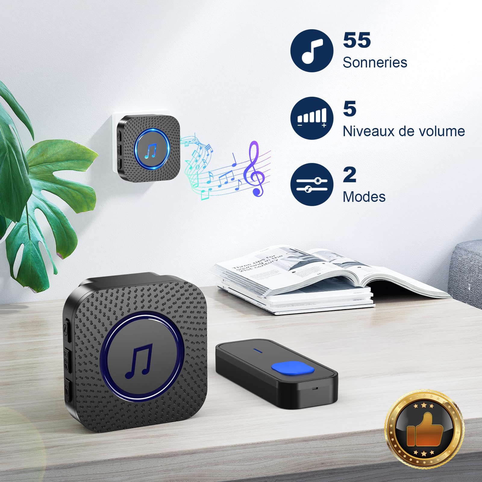 SURFOU Sonnette sans Fil, 400M Sonnette Longue Portée Exterieur Étanche Electronique, Kit de Carillon avec 2 Récepteurs Enfichables pour la Maison, LED Bleu, 55 Mélodies, 5 Niveaux Volumes, Noir