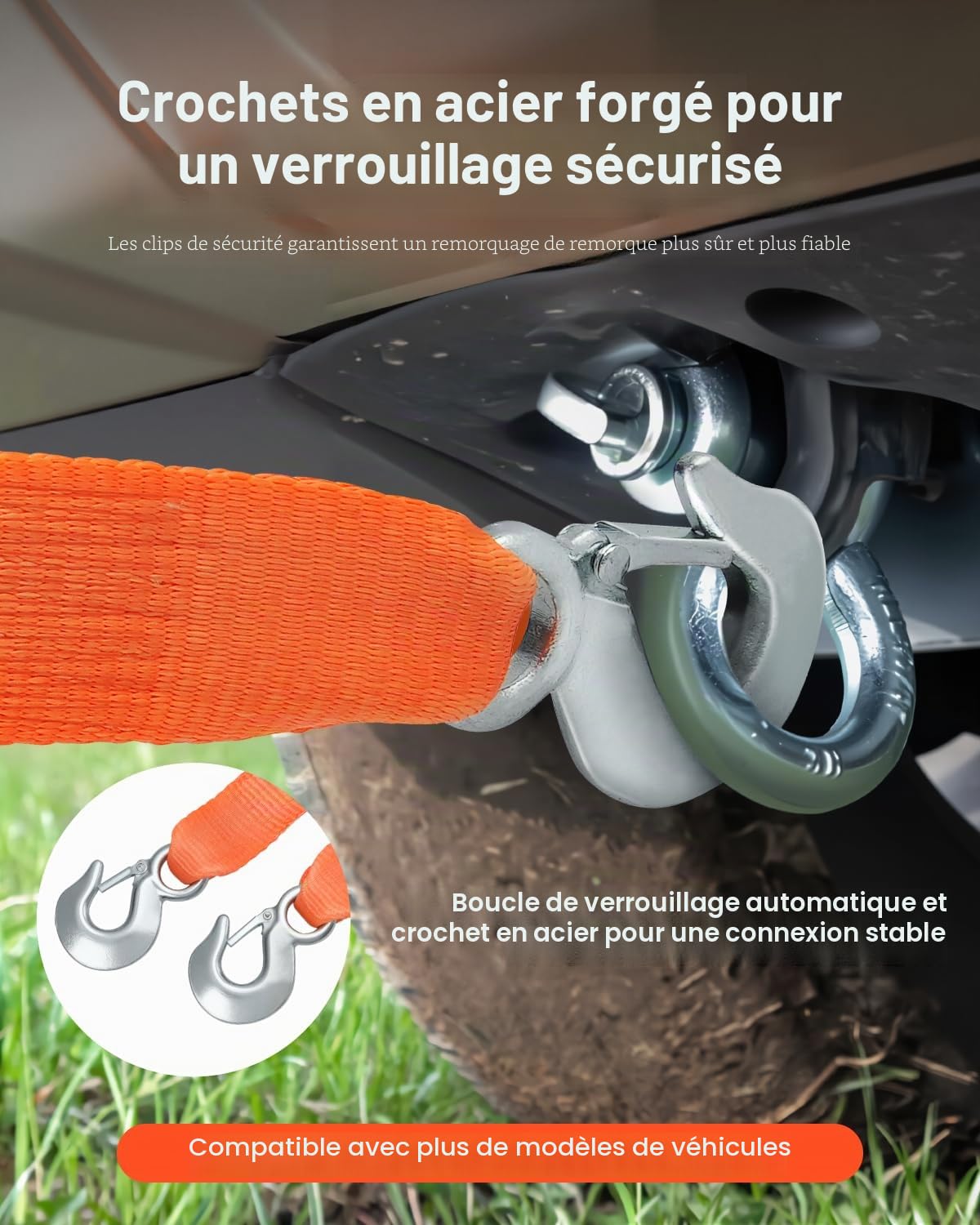 VEVOR Sangle de Remorquage Récupération Cinétique Robuste, 50,8 mm x 6,1 m, Résistance à la Rupture 7711 kg, avec Crochets, Remorquages et Récupérations pour Camion, Véhicules Tout-Terrain, SUV, VTT