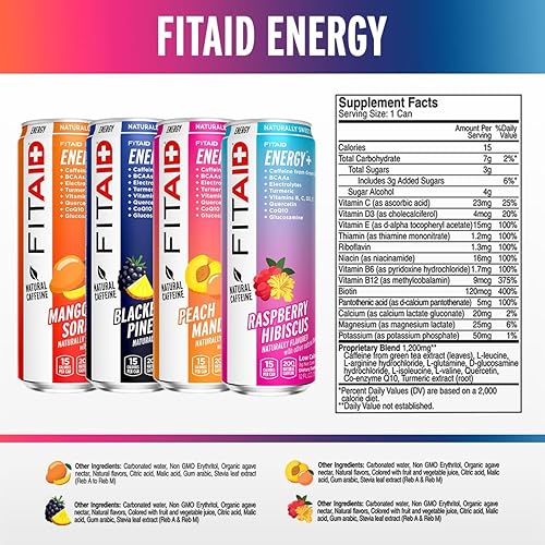 Miniatura 2 de FITAID ENERGY 200 mg de cafeína natural Keto paquete variado fórmula de rendimiento óptimo BCAAs quercetina electrolitos Omega-3s 15 calorías paleo