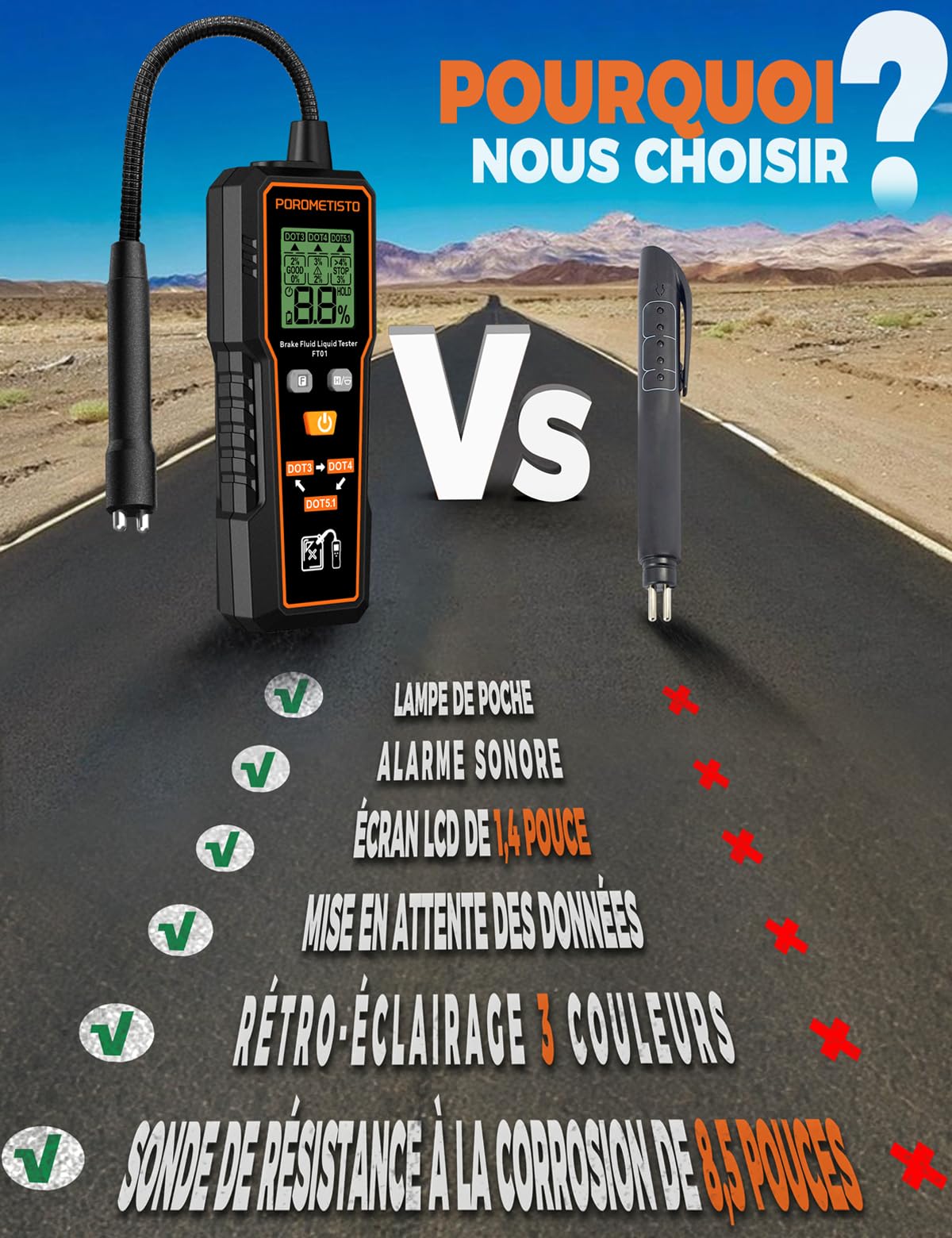 Testeur de liquide de frein professionnel FT01, sonde sensible résistante à la corrosion, adapté pour DOT3/DOT4/DOT5.1, Testeur liquide de frein pour la sécurité du véhicule
