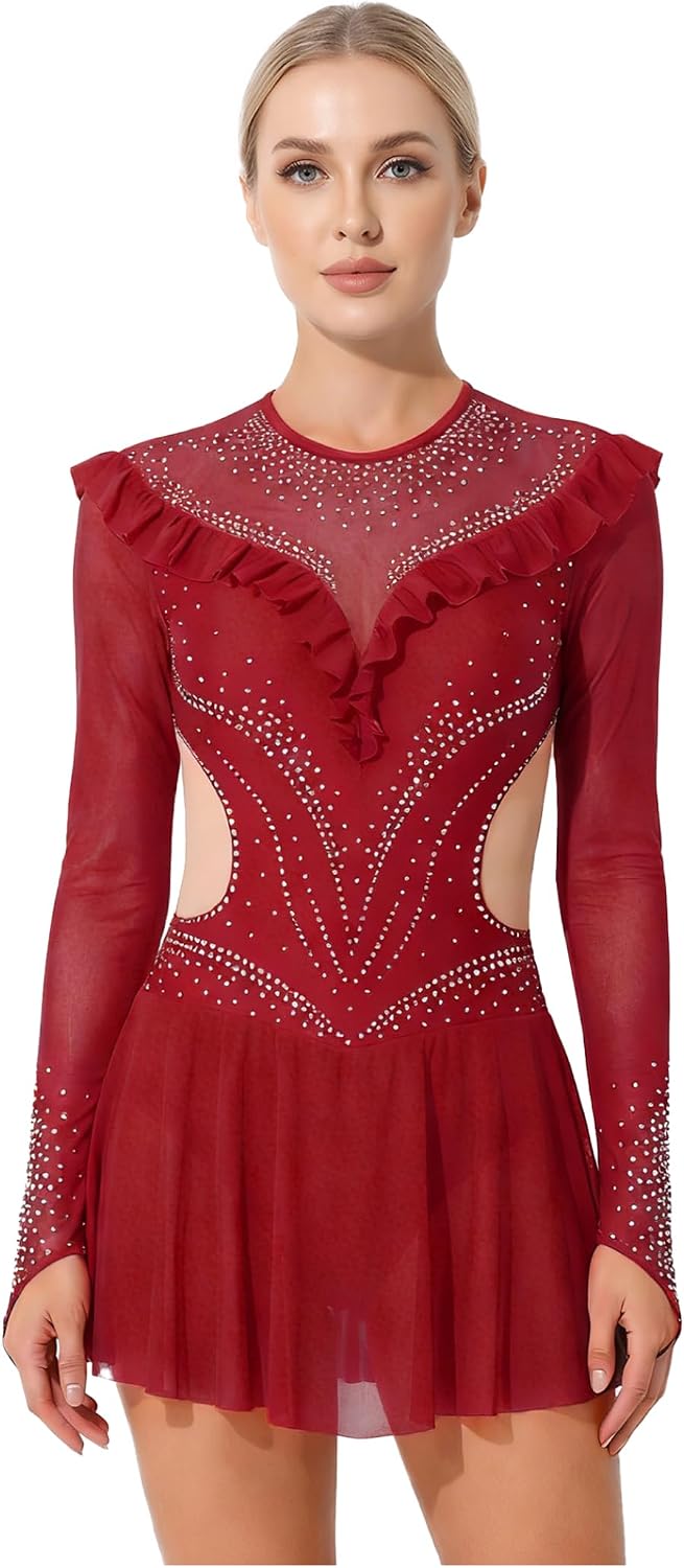 JEYPINMI Figure Ice Skating Dress for Women Shiny Mesh Long Sleeve Cut Out Ballet Gymnastics Leotard Bodysuit