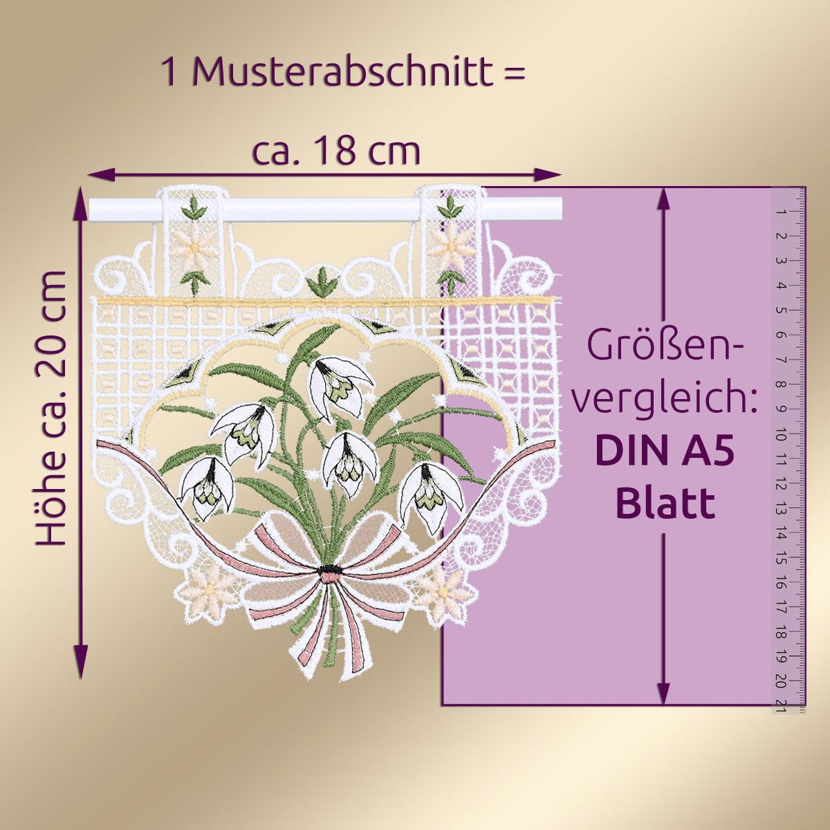 Feenhaus-Scheibengardine Schneeglöckchen weiß | Vogtländische Spitze Fenster-Deko | Landhaus Kurzgardine für Frühjahr & Ostern | Blumenstickerei Frühblüher Höhe x Breite 20 x 92 cm