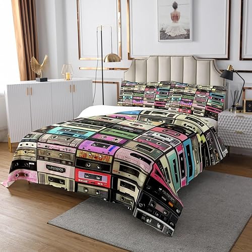 Miniatura 2 de Juego de edredón abstracto con cinta musical retro, tamaño individual, diseño vintage de radios de los años 80, juego de edredón de casete de audio