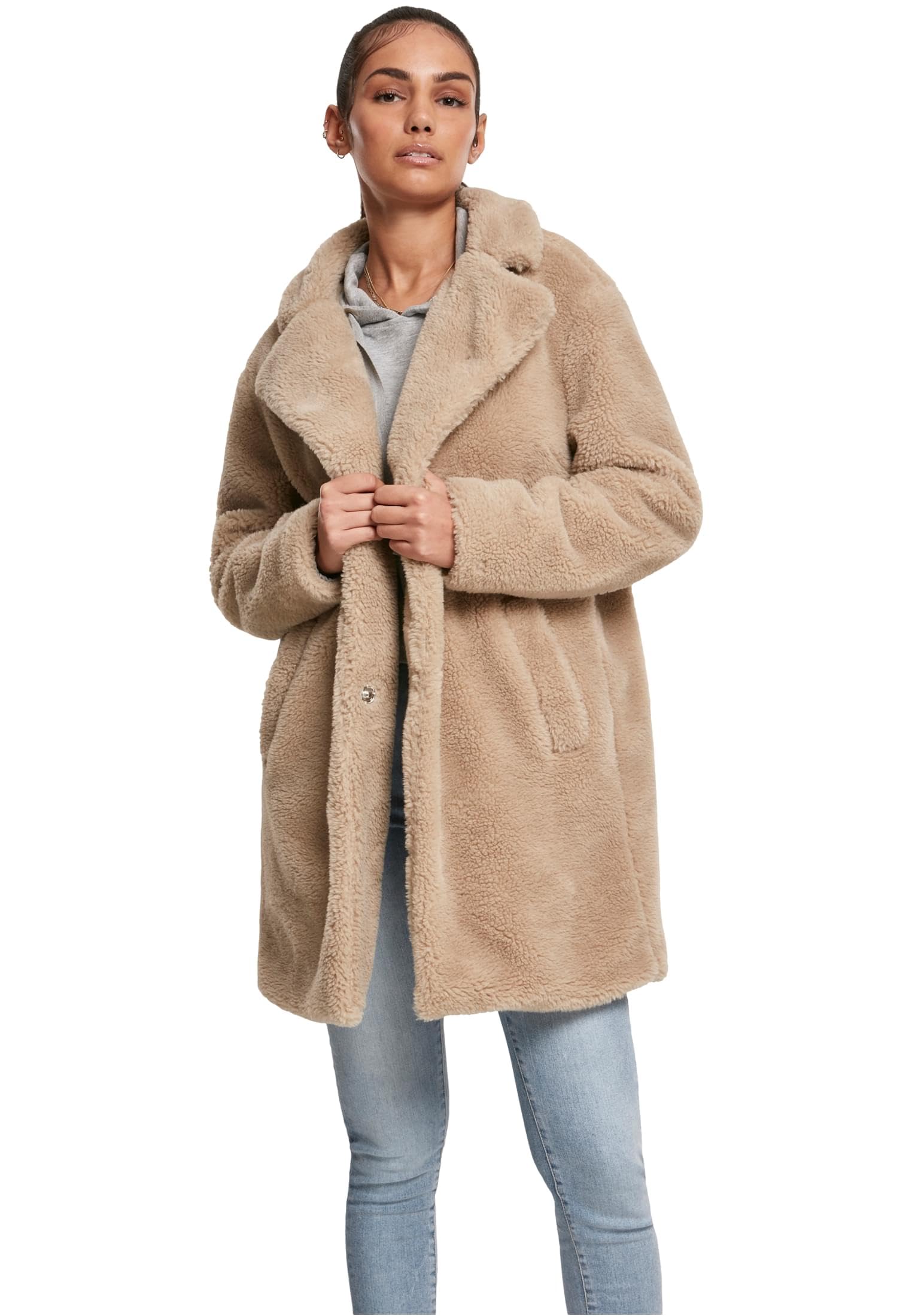 Urban Classics Damen Winter Jacke Ladies Oversized Sherpa Coat Jacket, Mantel mit Haken & Ösen-Verschluss, Größe XS bis 5XL