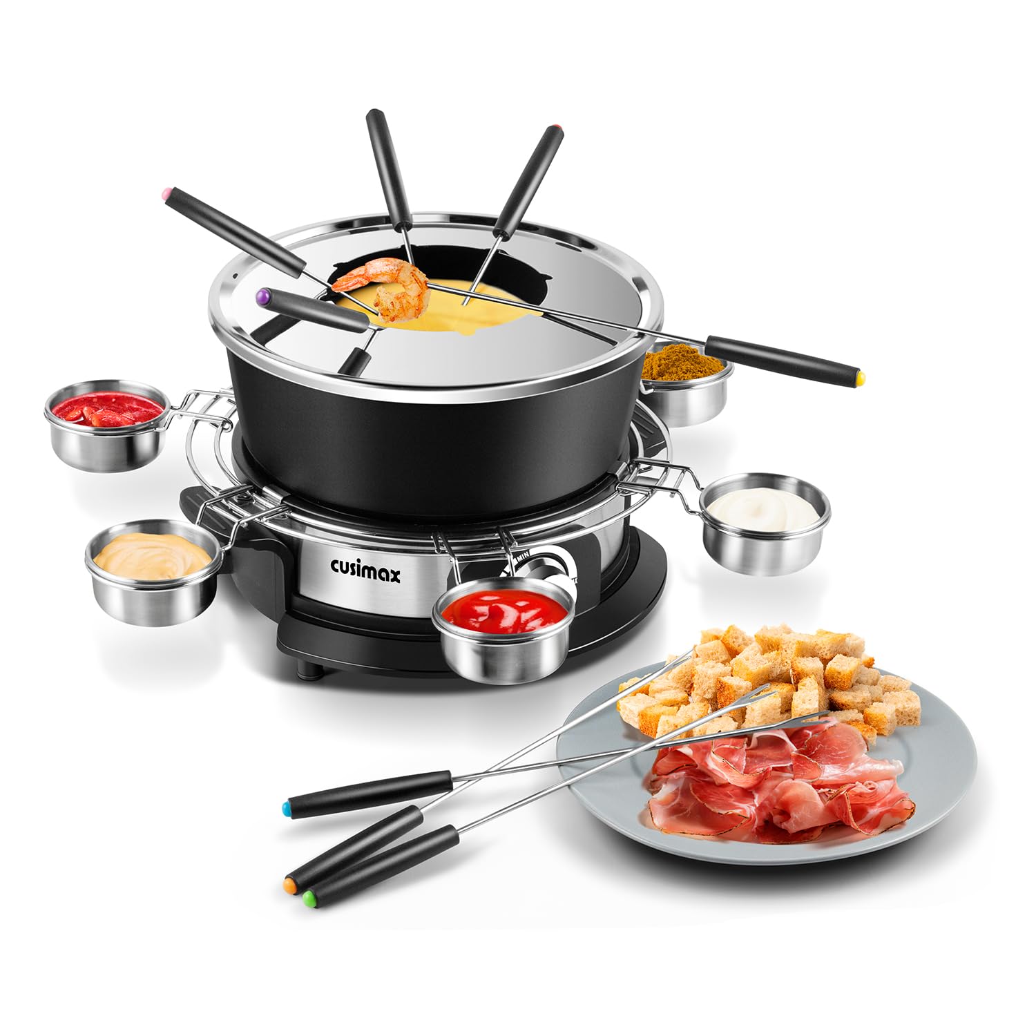 CUSIMAX Elektrisches Fondue-Set mit 1300W Leistungsregelung für Käse, Schokolade, Öl und Brühe, 2L Antihaft-Elektro-Fondue-Topf mit 8 Gabeln, 6 Tassen und abnehmbarem Anti-Verbrühungs-Griff