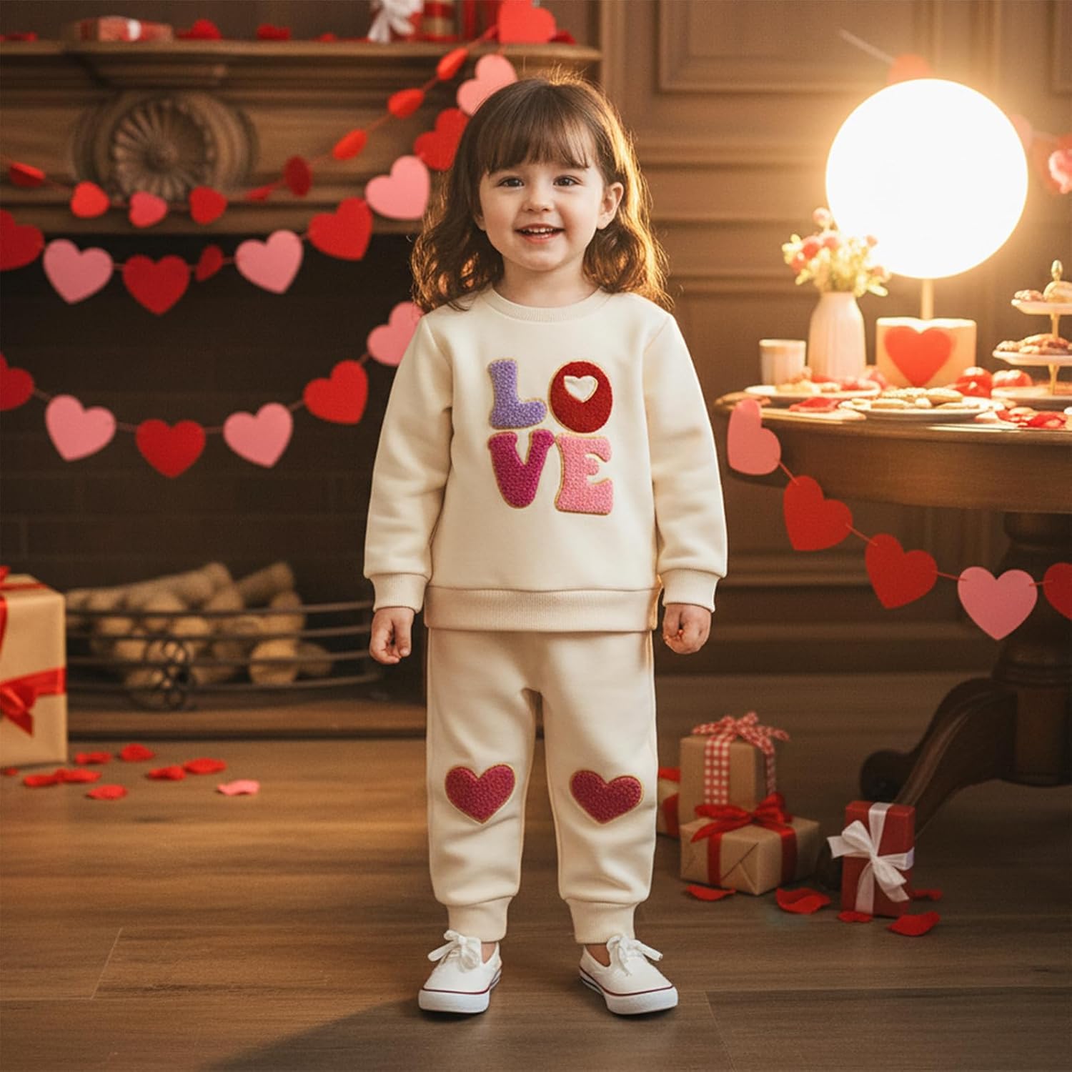 Madjtlqy Toddler Baby Girl Valentines Outfit Love Letter Embroidered Long Sleeve Sweatshirt Pants Set 2pcs Spring Clothes - Image 2