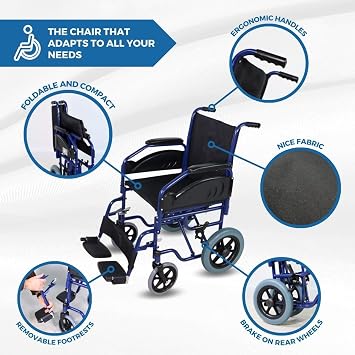 Mobiclinic®, Folding Wheelchair, Maestranza, Parking Brakes, 45 cm seat, Removable footrests, Foldable and Padded armrests, Small Wheels, Sturdy, Colour Black