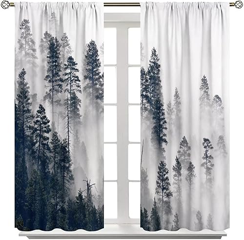 Miniatura 4 de Cortina opaca de bosque de montaña brumosa, verde niebla, para ventana, árbol natural, bosque, paisaje, madera brumosa, decoración de paisaje para
