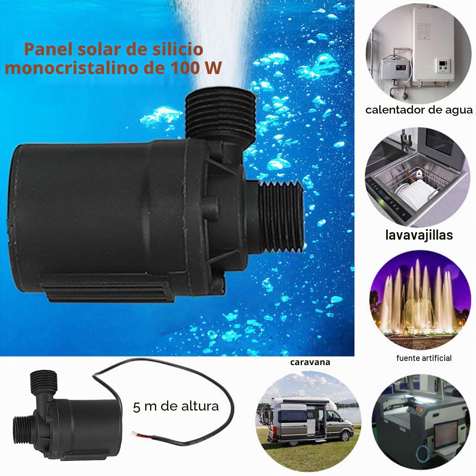 Bomba de Agua Solar, Bomba de Fuente Solar para Exteriores DC 12 V 100 W, Bomba de Fuente de Agua Solar DIY para Baño de Pájaros, Estanque, Jardín, Pecera, Piscina, Fuente de Agua