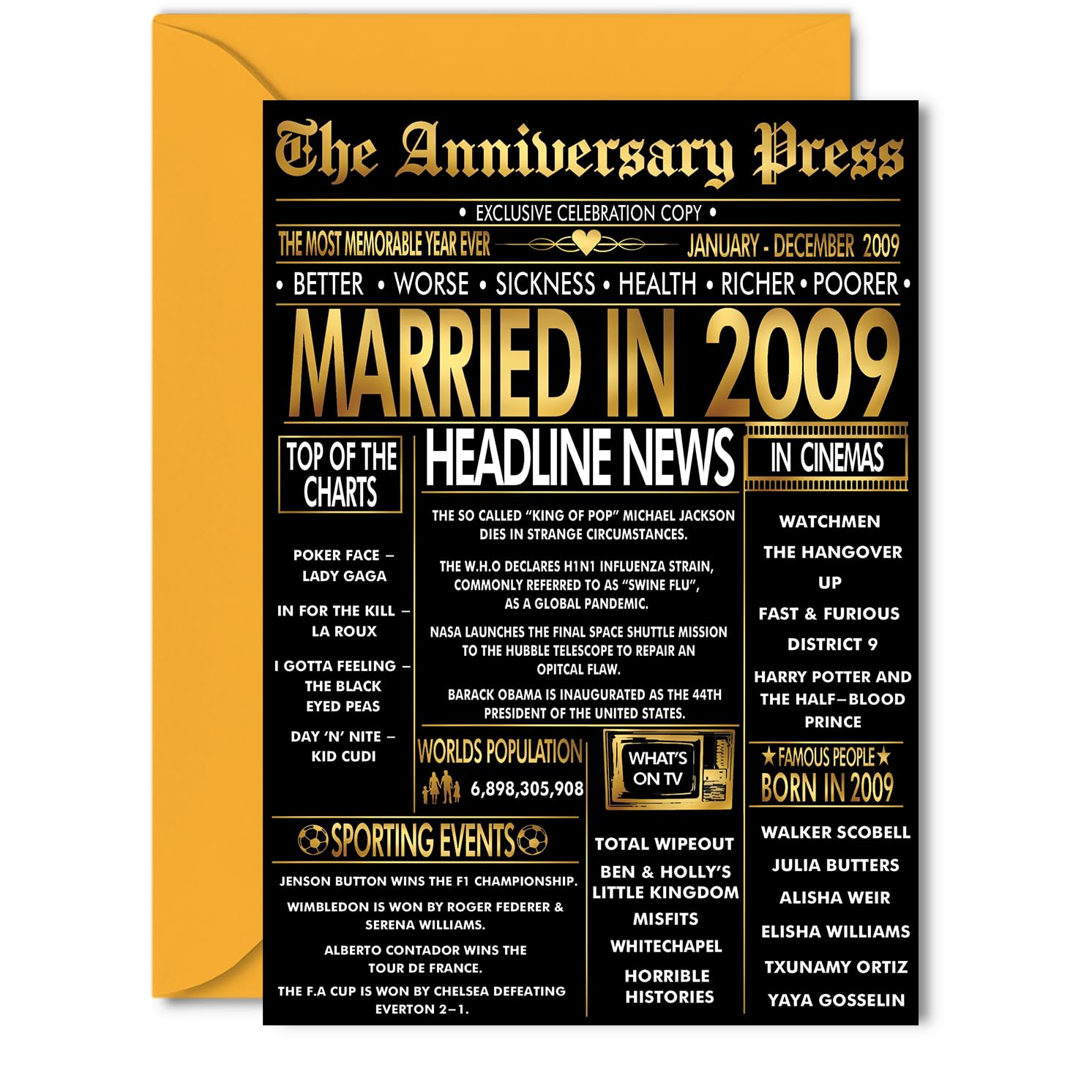 Gold 17th Anniversary Card for Women Men - Golden Newspaper Married in 2009-17 Year Wedding Anniversary Card for Wife Companion Husband Partner, 5x7 Inch Anniversaries Greeting Cards