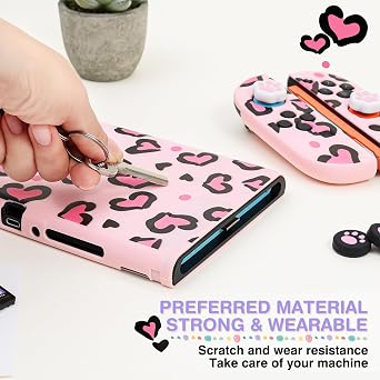 DLseego Carry Case for Switch 2,Heart Leopard Portable Storage Travel Game Carrying Case with NS 2 Dockable Protective Cover,4PCS Thumb Grip Cap and 1PC Plush Heart Charm,Pink