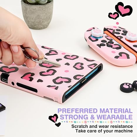 DLseego Carry Case for Switch 2,Heart Leopard Portable Storage Travel Game Carrying Case with NS 2 Dockable Protective Cover,4PCS Thumb Grip Cap and 1PC Plush Heart Charm,Pink