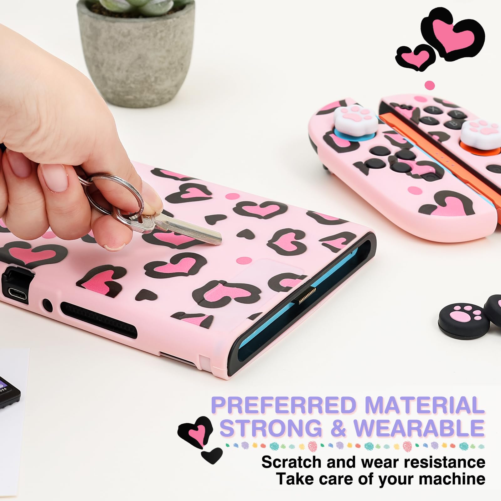 DLseego Protective Case Compatible with Switch 2,Heart Leopard TPU Dockable Soft Cover with Switch 2 Dock Case,Handle Cover and 4PCS Thumb Grips,Pink — view 4