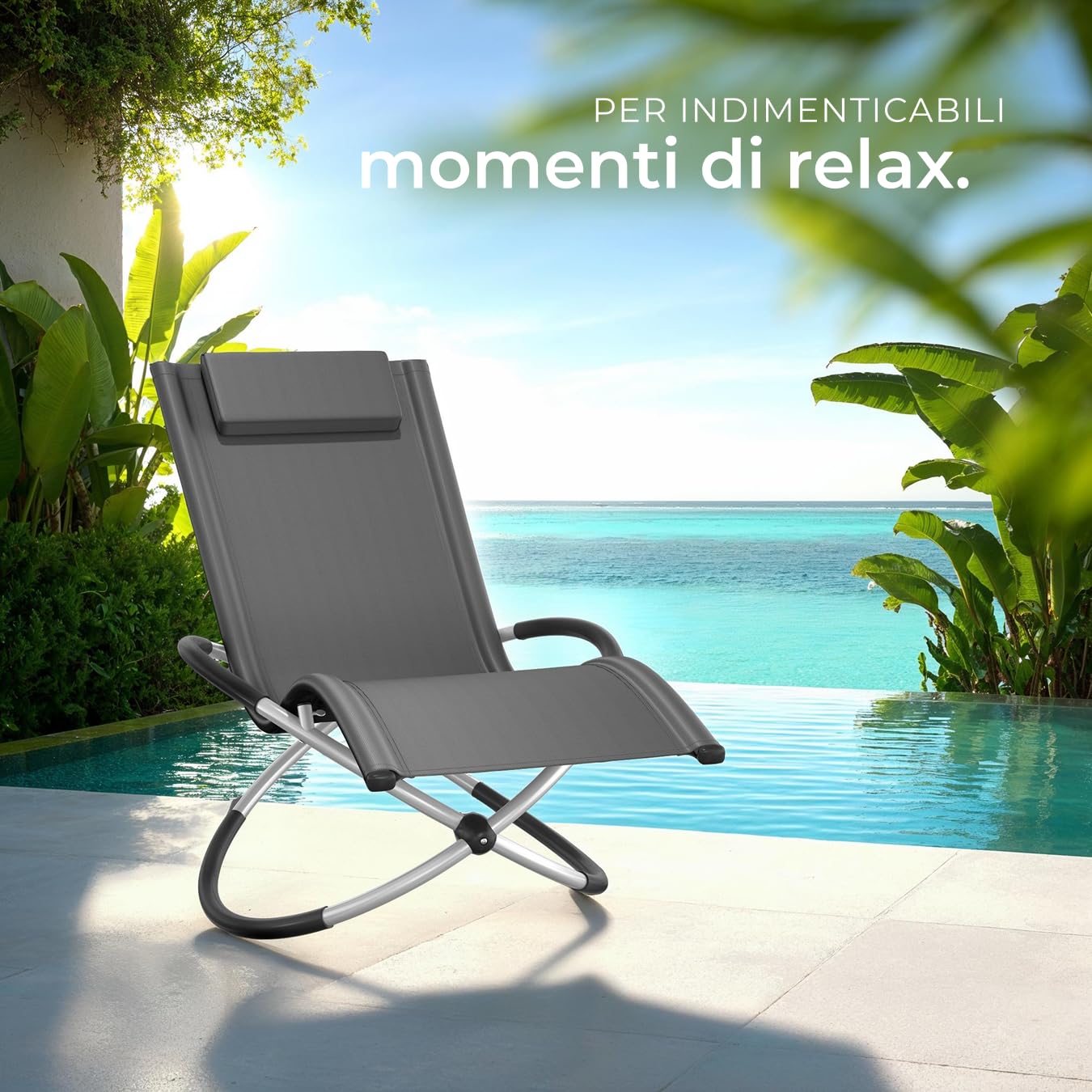 Lettino Giardino Ergonomico Pieghevole Con Cuscino Portata 150kg Anti-Ribaltamento Grigio