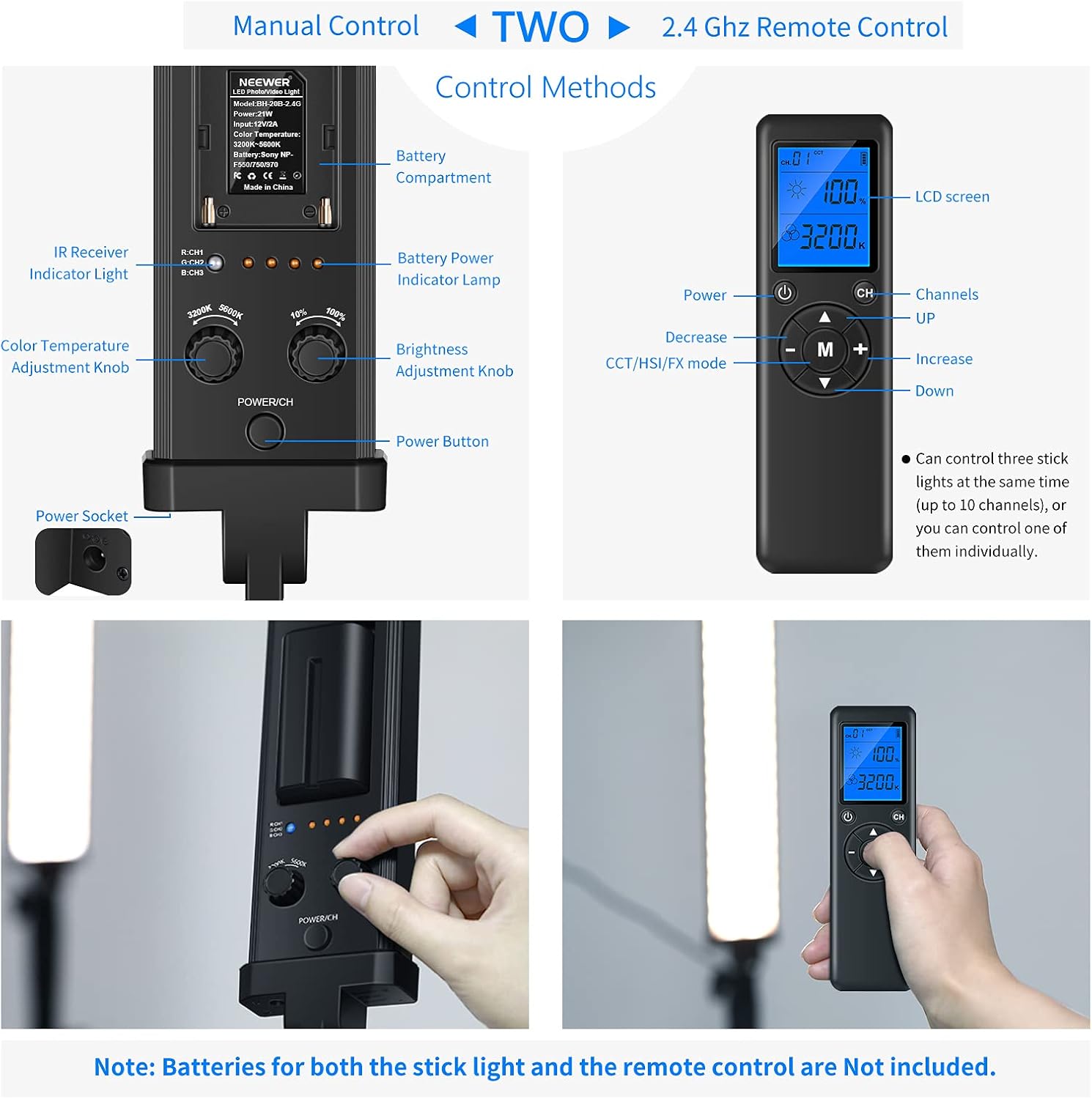 Neewer 3 Packs 2.4 GHz LED Light Stick Photography Lighting Kit with 3 Color Filters - Remote Dimmable 3200k-5600K 21W CRI 95 with Boom Arm Stand, Filters(Red/Yellow/Blue) and Bag, Battery Applicable