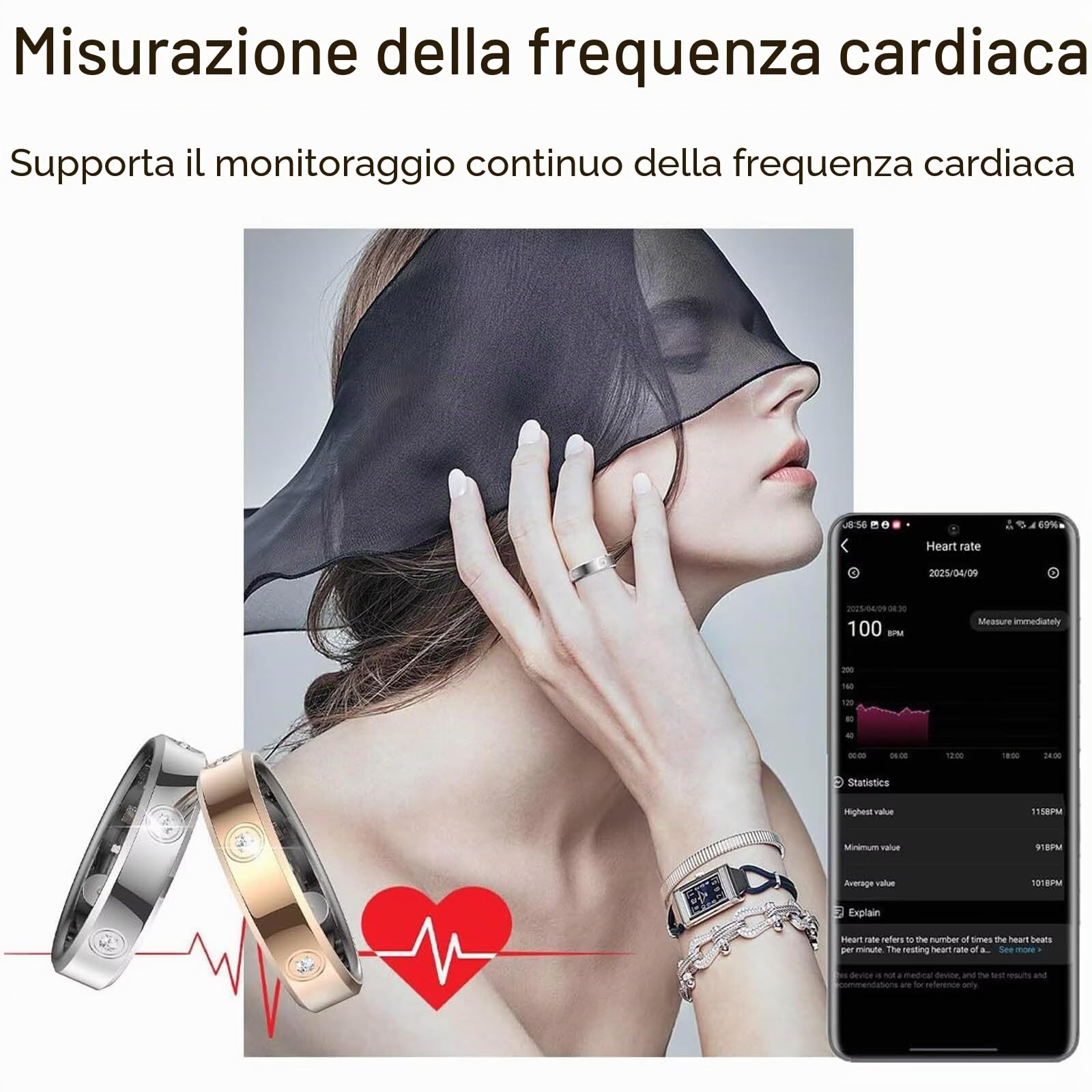 Smart Ring Pressione Sanguigna, Anello Smart per La Salute con Frequenza Cardiaca, Ossigeno nel Sangue, Monitoraggio del Sonno Fitness Tracker per iPhone E Android