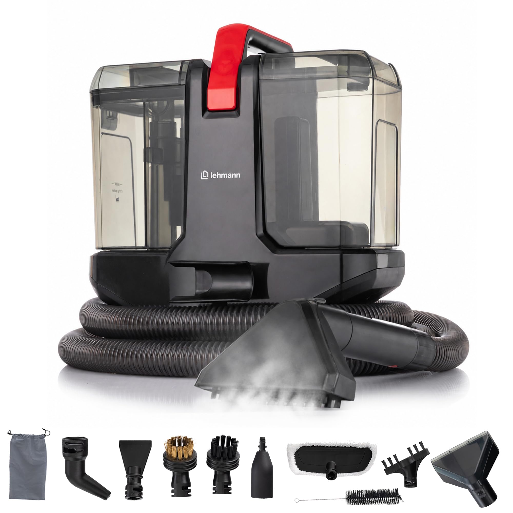 LEHMANN SteamWash 1800 - Nettoyeur Vapeur 4 en 1 & Aspirateur Injecteur Extracteur, Nettoyeur à Main Portable Canapé, Tapis, Voiture, Eau Chaude 60°C, Vapeur 116°C, 16 kPa
