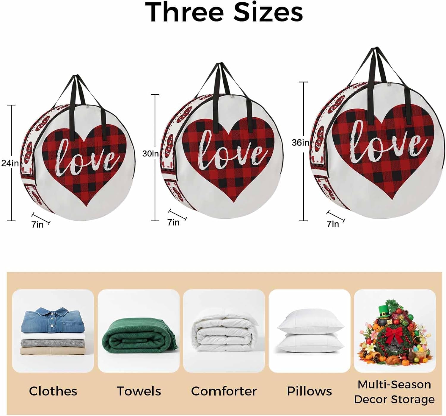 Valentine's Day Round Storage Bag 24 Inch, Love Heart Clothes Storage Container with Handles Heavy Duty Organizer for Comforter, Bedding & Holiday Wreaths