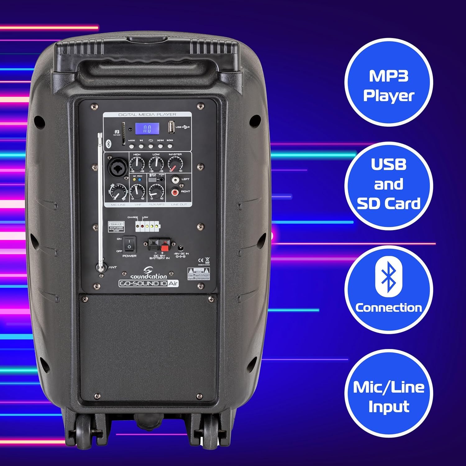 Rockstar - Sistema de Megafonía Portátil con Batería Recargable GoSound 10Air, 360W, Bluetooth, App Control, Micrófono Inalámbrico VHF, USB/SD, Ecualizador Gráfico, Ideal para Eventos y Exteriores