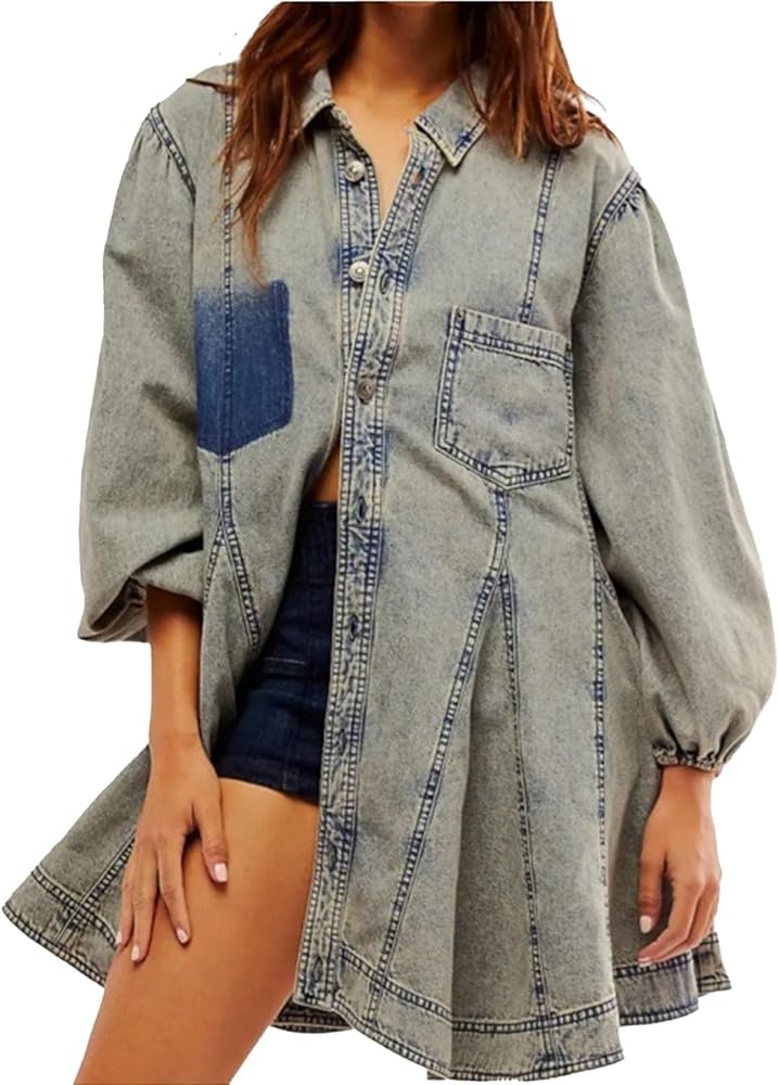 PJFCS Women's Distressed Denim Button Down Tunic Shirt Dress,Blue,S at  Amazon Women's Clothing store