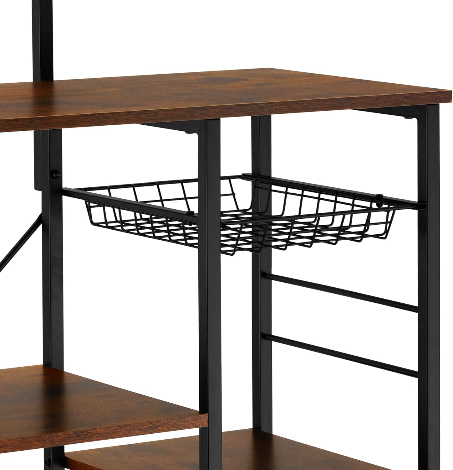 Close-up of the dark industrial wood finish