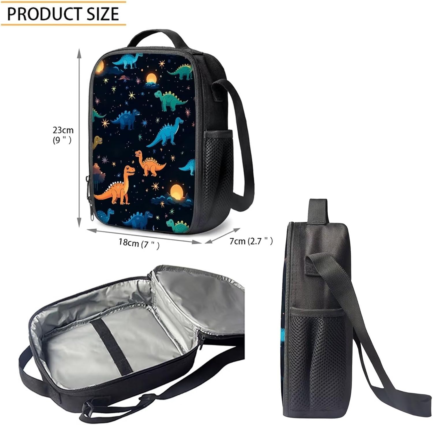 Cute Orange Blue T-rex Dinosaur Pattern Kids Laptop Backpack Set, School Book Daypack Schoolbag Insulated Lunch Bag Pencil Case Box Purses Handbags for Kids Girls Women Adults, 3 Pack