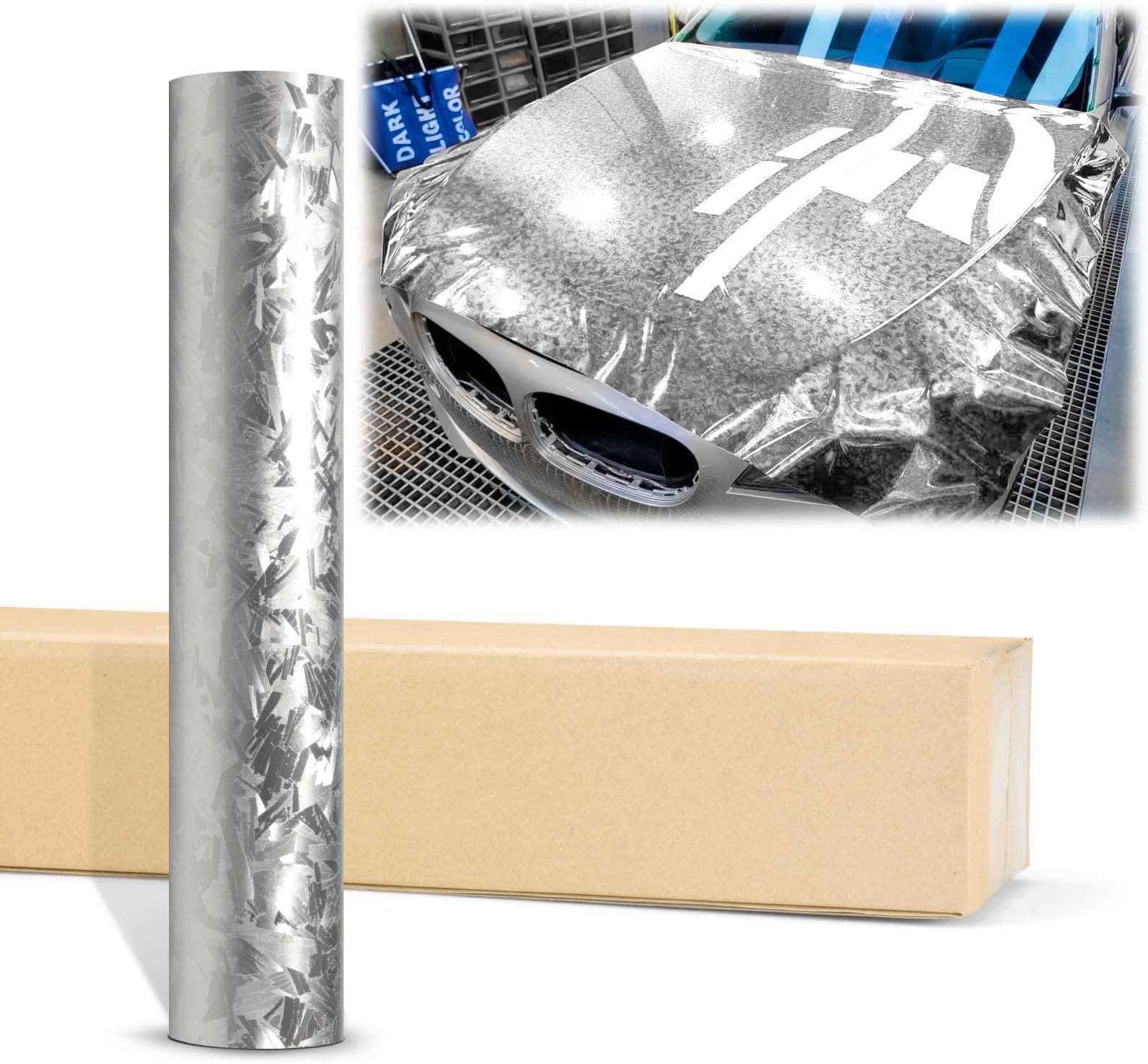 2pcs 4"x8" (10cmx20cm) Sample Gloss Silver 24K Chopped Forged Carbon Fiber Textured Vinyl Wrap Auto Car Sticker Decal Sticker Film Sheet Bubble Free Air Release Technology