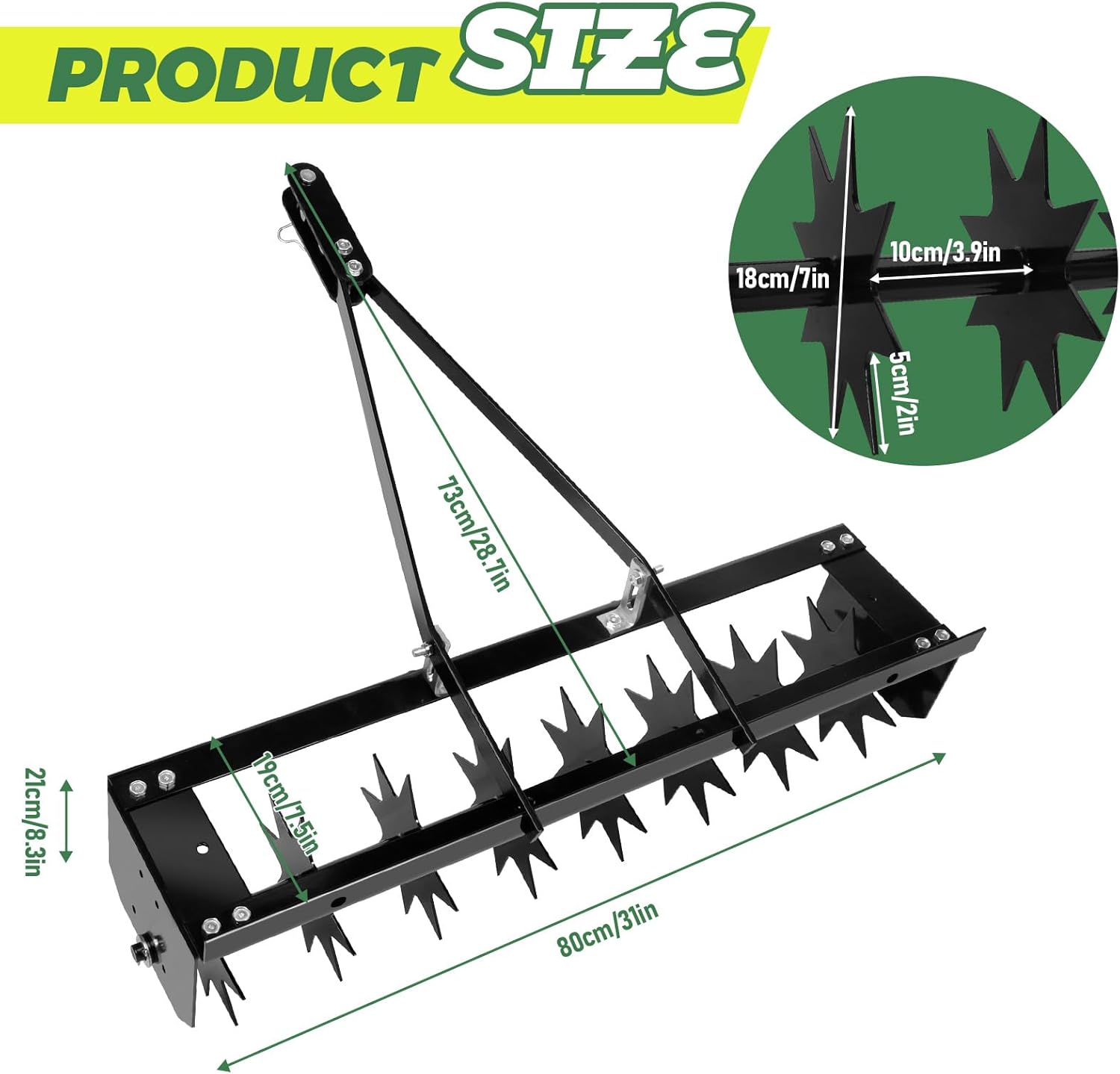 32" Tow Behind Lawn Aerator with Galvanized Steel Tines and Wide Tow Bar Black Lawn Aerator, Soil Penetrator Spikes Tractor for Home Yard Farm Use