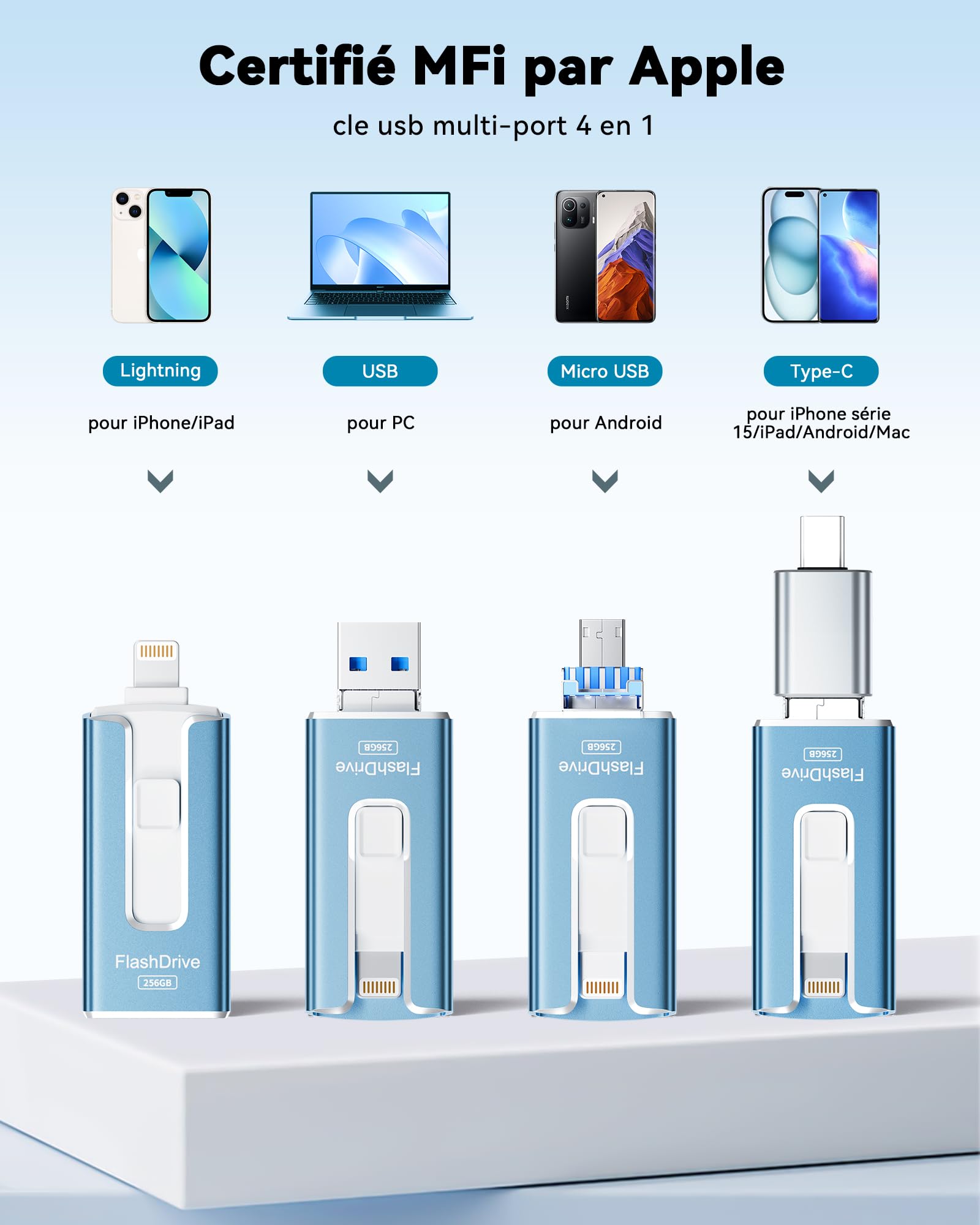 SUDEHO Clé USB iPhone MFI Certifié 256 Go 4 en 1 USB C Photo Stick Mémoire Externe Bleu