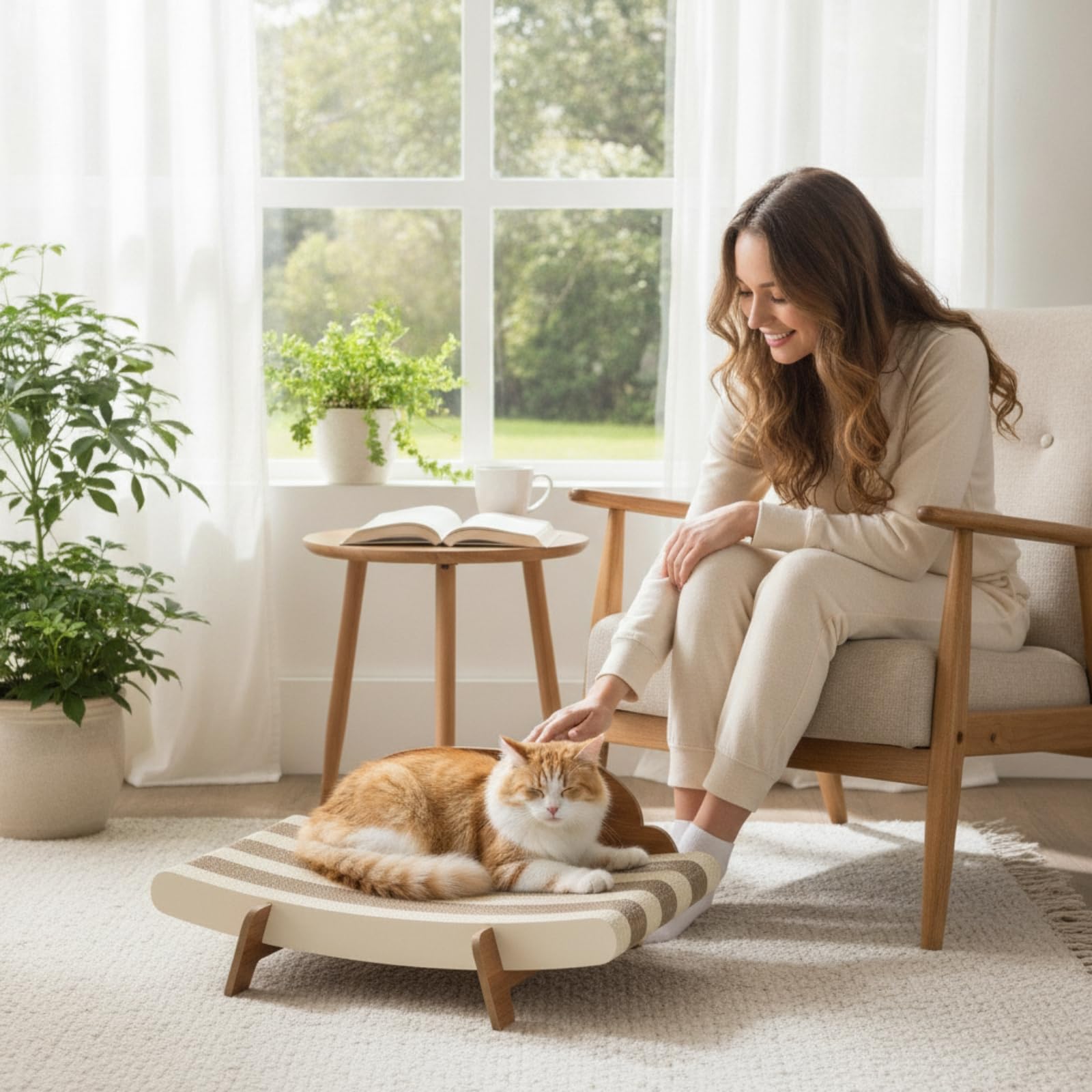Griffoir pour Chat en Forme Canapé avec Surface en Support en Bois Grainé Lit Confortable pour Gratter et Dormir Jouet à Cataire pour Pièce Vie